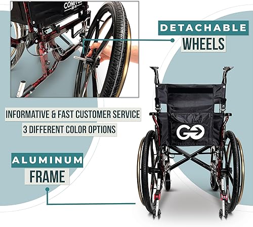 Miniatura 4 de Silla de ruedas autopropulsada plegable y ligera - Sillas de ruedas de transferencia autopropulsadas, ancho de asiento de 17.5 pulgadas, edición