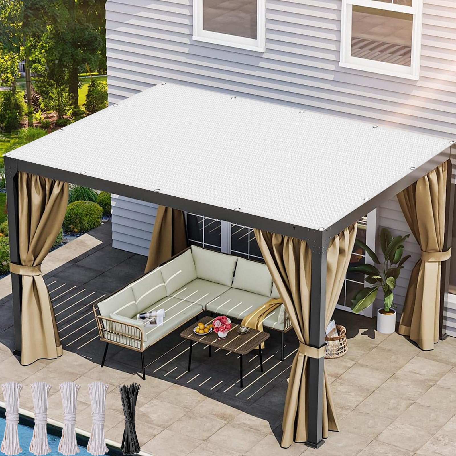 Filet d'ombrage pour pergola et jardin blanc 380x480 cm avec cordes de fixation