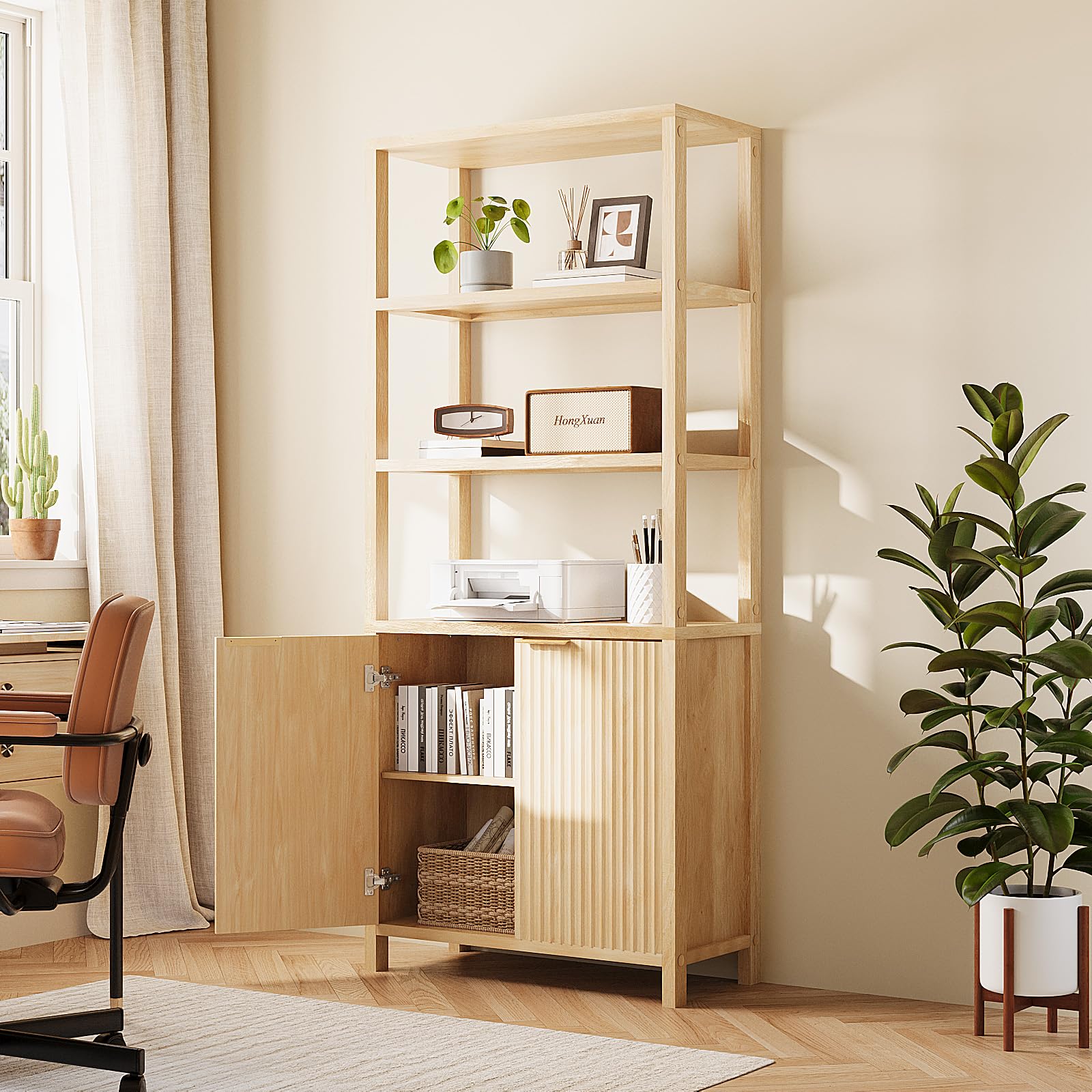 Bonnlo 6-Tier Bookshelf, Display Cabinet with Doors, Fluted Panel Bookcase with Adjustable Shelf, 78.5 x 35.5 x 180.5 cm, Bookcase for Home Office Living Room Study (Oak)