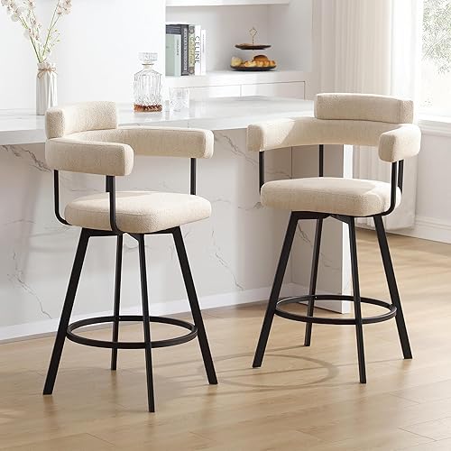 26’’ Swivel Counter Height Bar Stools, Modern Counter Stools with Round Back, Linen Upholstered Barstools with Round Footrest for Kitchen Island, Home Pub, Set of 2, Beige
