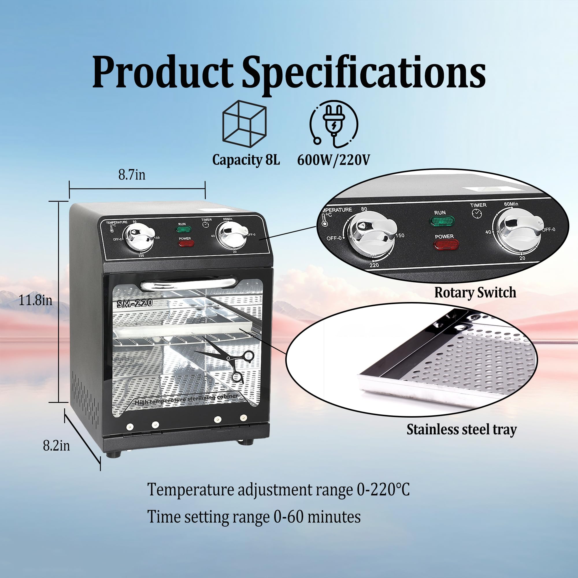 Henlivy Hochtemperatur-Sterilisator, max. 220°C, mit Temperaturregelung und Timer, für Friseursalon, Spa, Nagelstudio, Werkzeugsterilisator