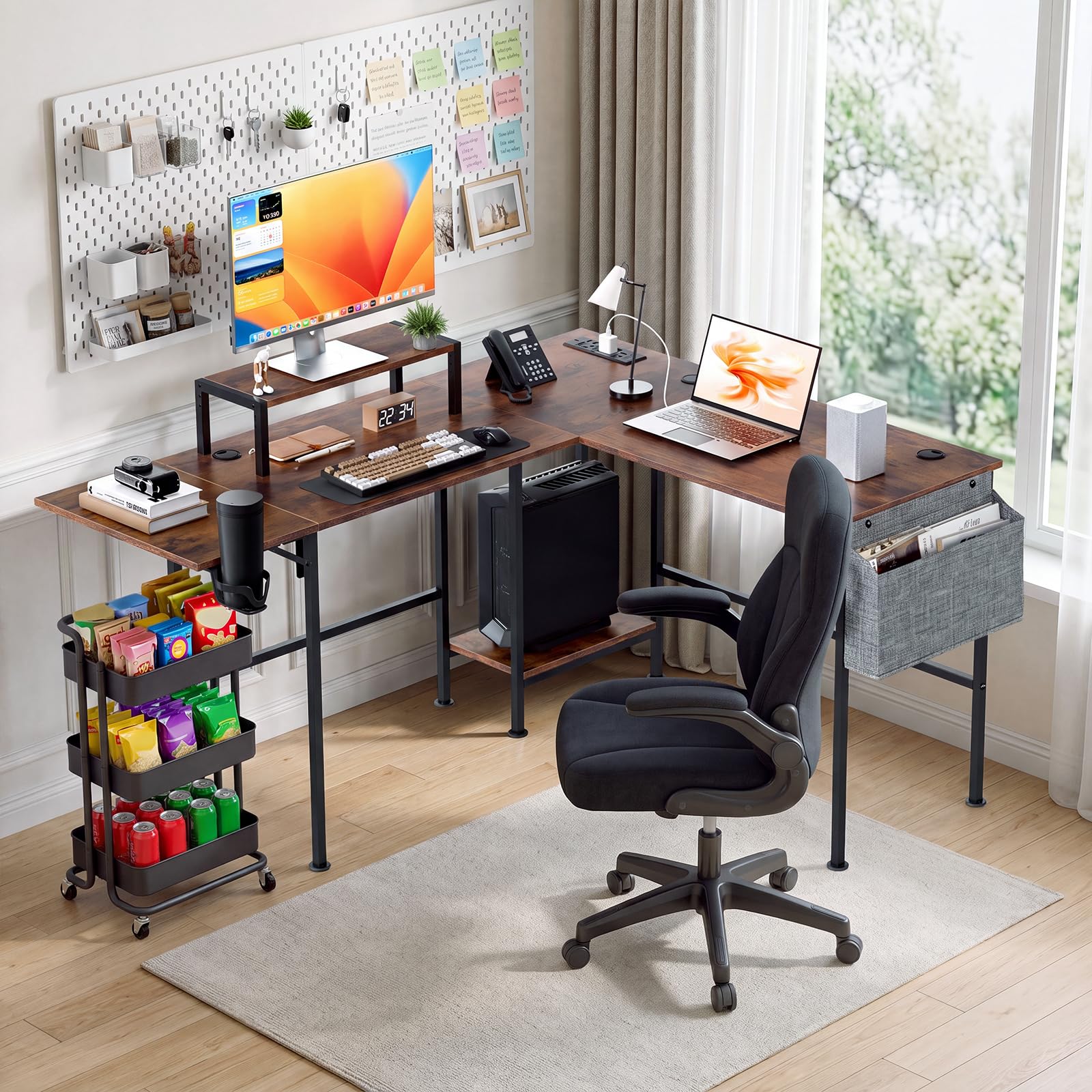 L Shaped Computer Desk with Folding Desk Extender Tray &Power Outlet, Brown, Rustic Brown, (120-220)cm×50cmx74 cm - Image 8