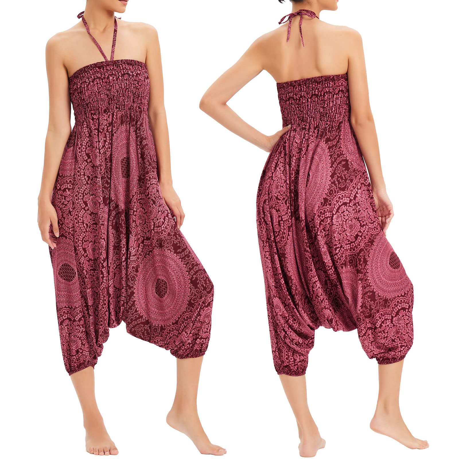 Pantalon de pêcheur Sarouel pour Femmes, Combinaison à Motifs, épaules dénudées, Barboteuse Baggy, Taille Haute, Pantalon Confortable, Plage d'été