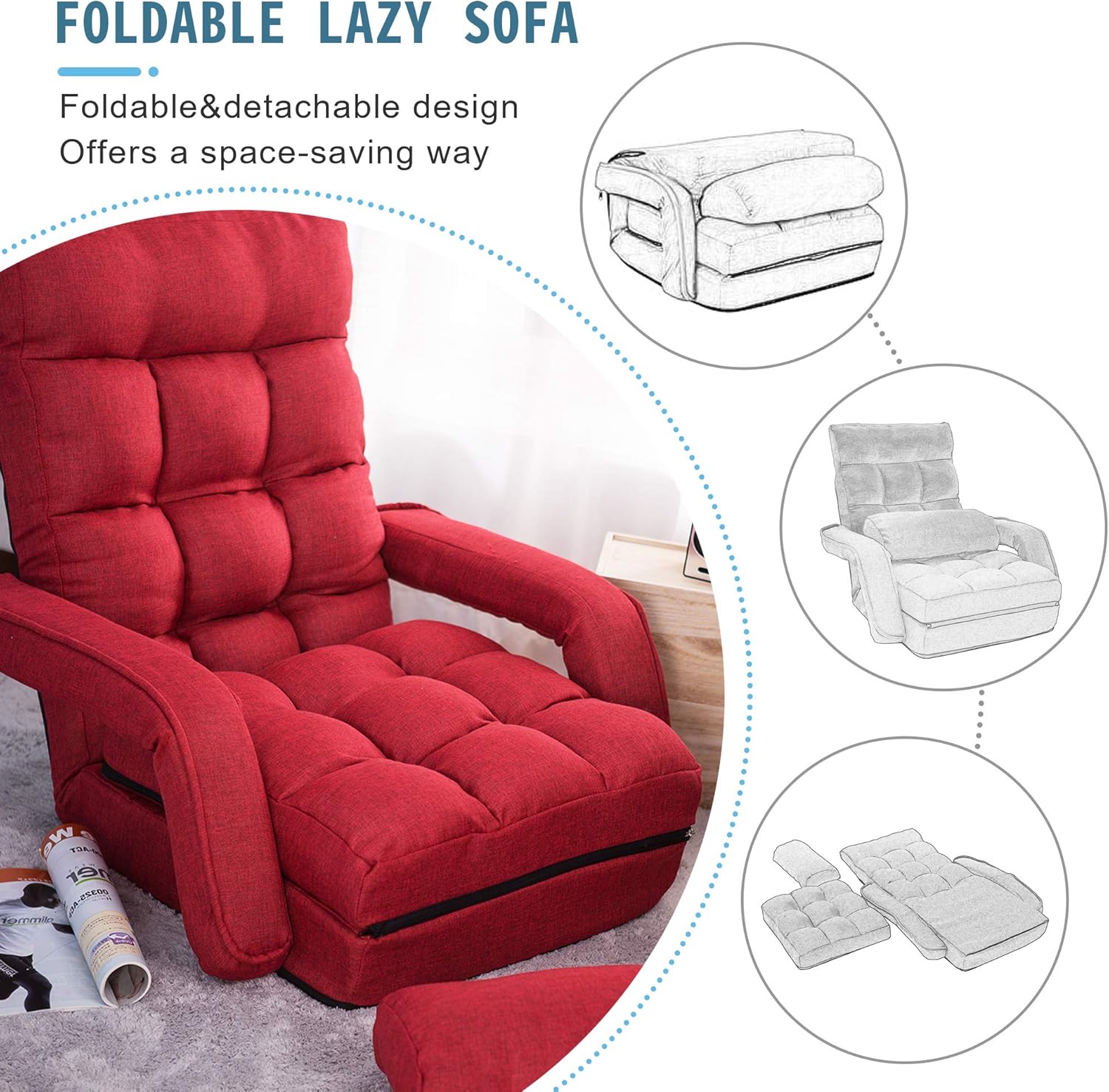 Diagram showing the foldable and detachable design of the Merax Lazy Sofa.