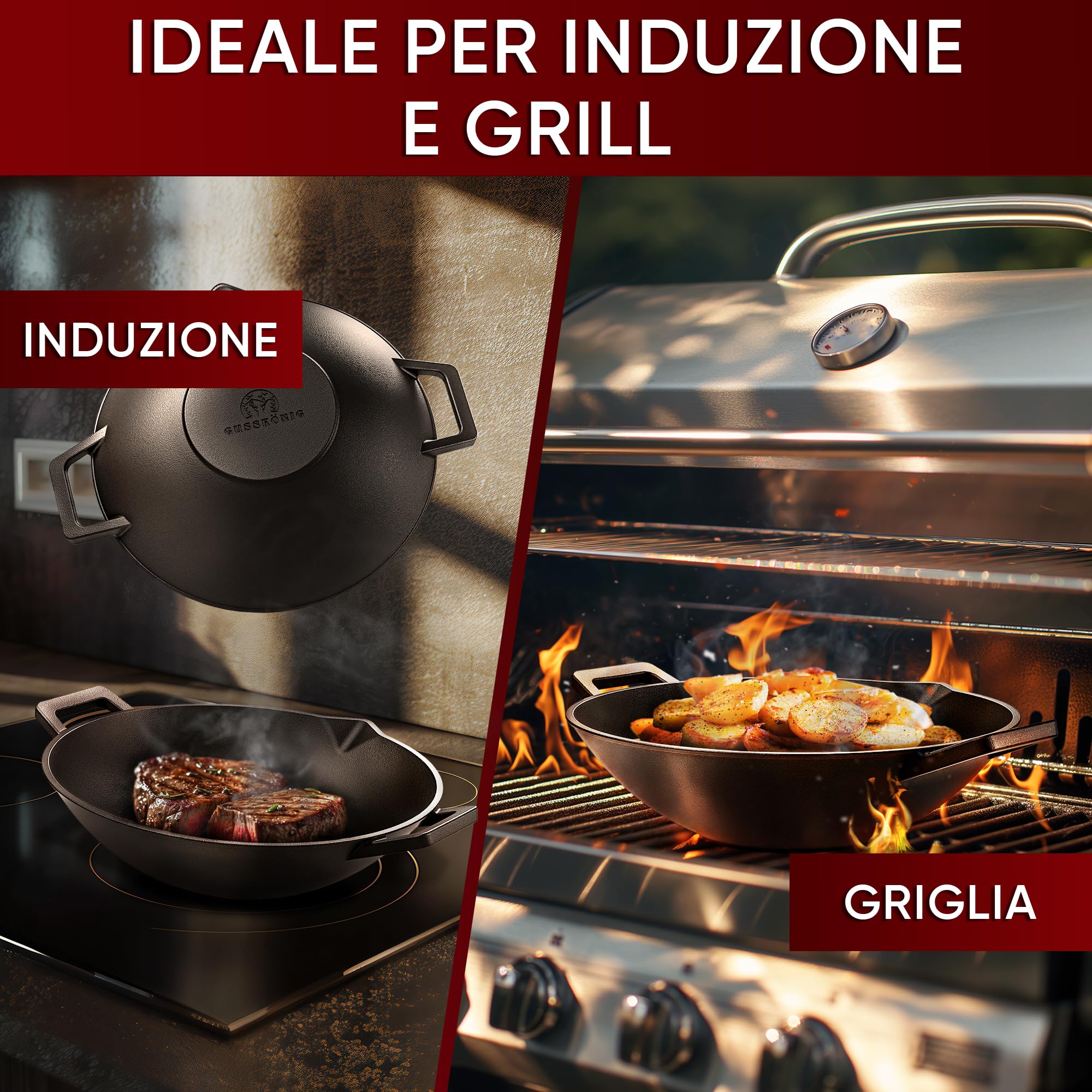GUSSKÖNIG Wok in Ghisa - 36 cm, Wok Cinese Originale per gas, fornello, Wok Induzione. Include anello in acciaio inox per la pulizia, guanti da grill e libro di ricette-padella ghisa