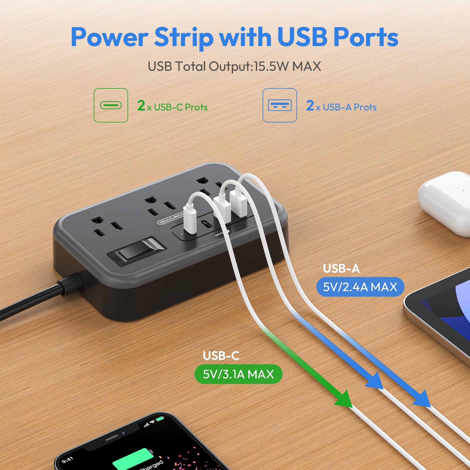 NTONPOWER 6 Widely Spaced Outlet(2 Side) Power Strip with 4 USB Ports, Extension Cord 15 Ft — Amazon image 5