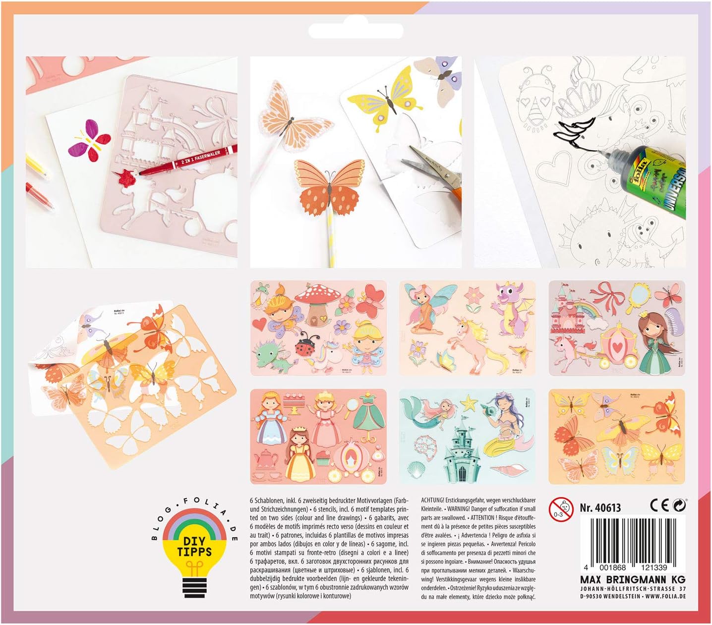 Folia 40613 Creative – Princess, 6 Stencils Templates, for Painting Fairy Tale Figures, Easy to Use with Coloured Pencils, Felt Pens and Markers