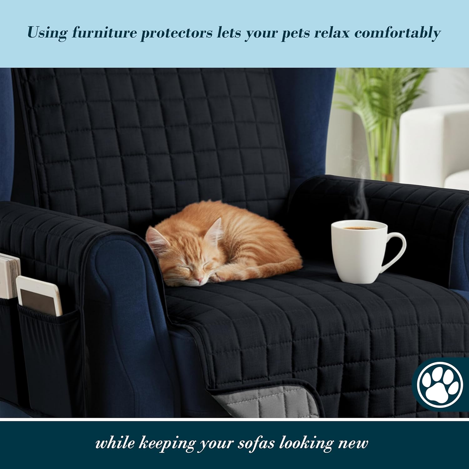 Mocassi Reversible Quilted Water Resistant Furniture Protector Slipcover with Elastic Straps and Storage Pockets - Washable Pet Friendly Sofa Cover for Dogs, Cats - Wing Chair, Black/Gray