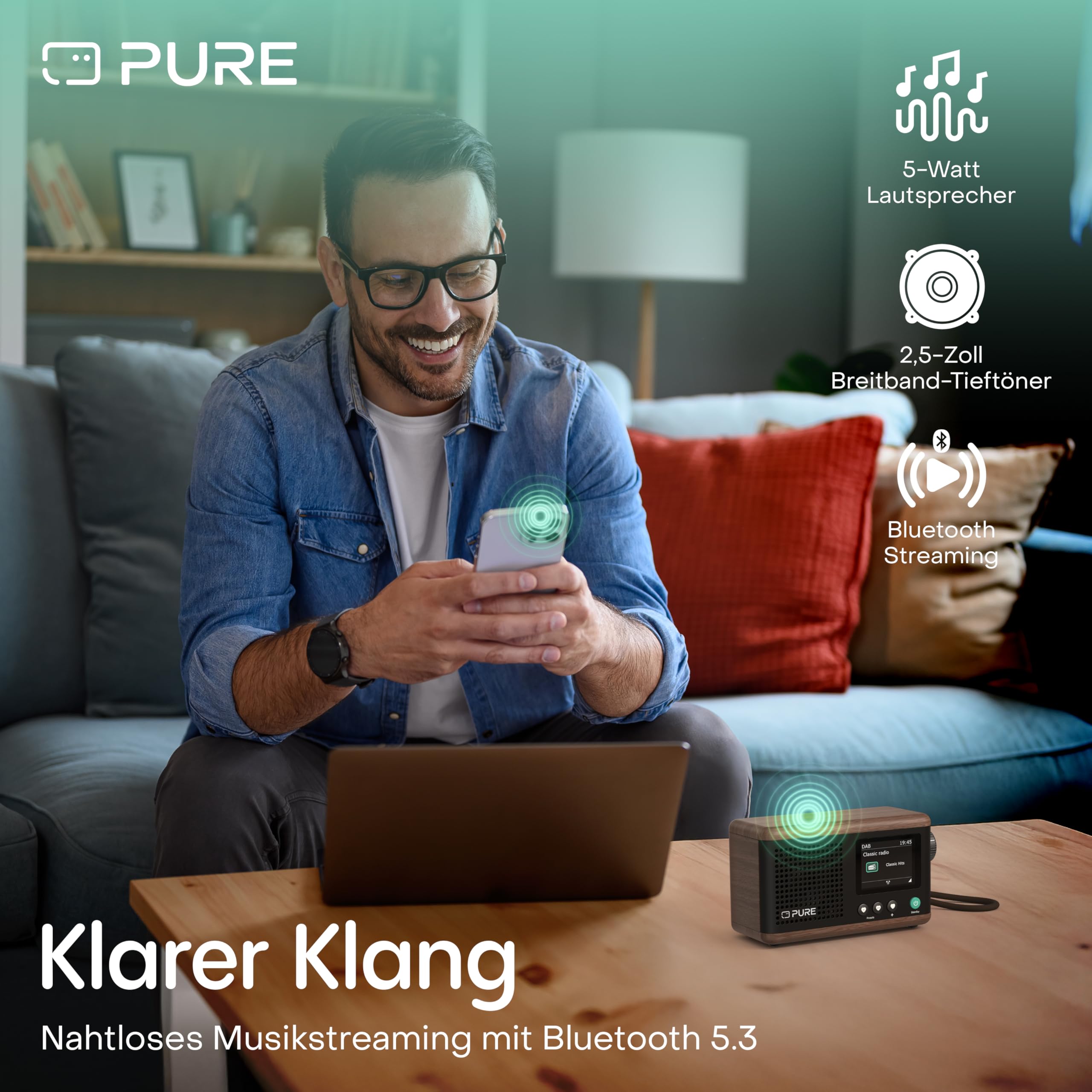 Pure Classic Mini tragbares Digitalradio mit DAB+ & UKW, Bluetooth 5.3, 15h Akku, 5W Lautsprecher, 2.4'' Farbdisplay und USB‑C – kompakter Lautsprecher für Zuhause & unterwegs Baumwoll Weiß/Eiche