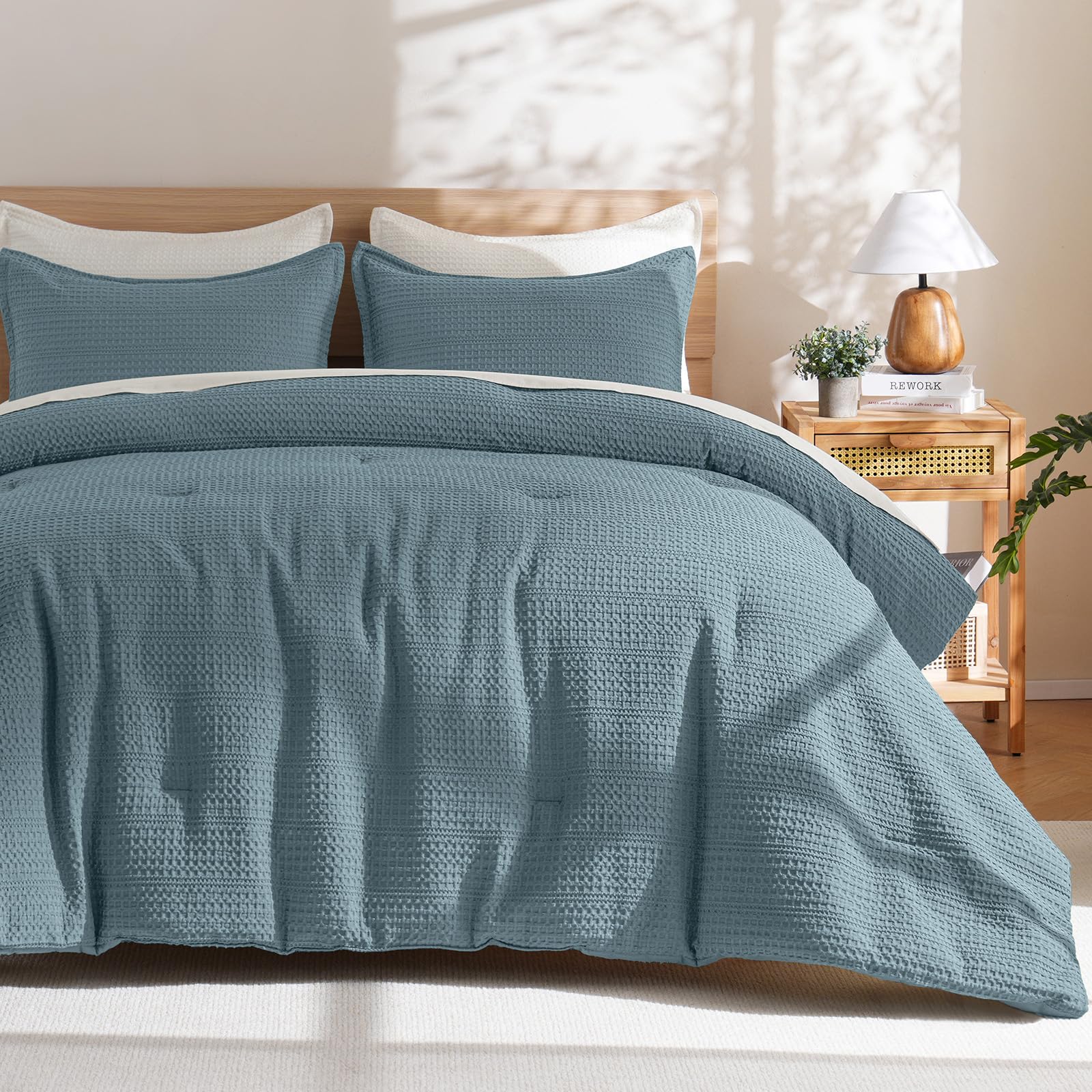 phf soft waffle comforter set king size- comfy breathable waffle weave comforter with 2 pillow shams, 3 pieces less snagging lightweight textured bedding set for all season, stormy blue