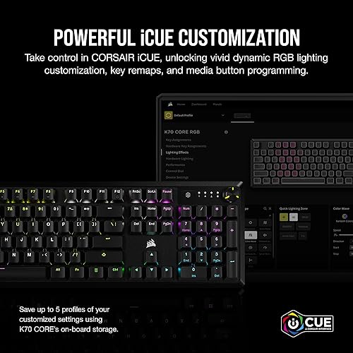 Vista 6 de CORSAIR Teclado mecánico K70 CORE RGB para juegos, interruptores lineales rojos Corsair MLX prelubricados, amortiguación de sonido, dial de control