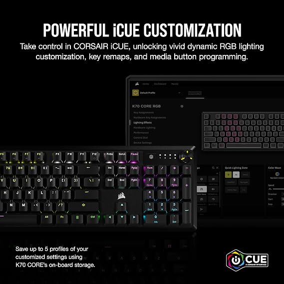 Corsair K70 Core RGB Mechanical Gaming Keyboard - Pre-Lubricated MLX Red Linear Switches - Sound Dampening - Media Control Dial - iCUE Compatible - QWERTY Design