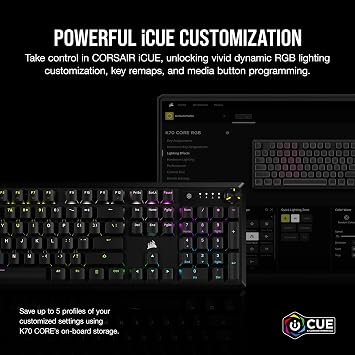 Corsair K70 Core RGB Mechanical Gaming Keyboard - Pre-Lubricated MLX Red Linear Switches - Sound Dampening - Media Control Dial - iCUE Compatible - QWERTY Design