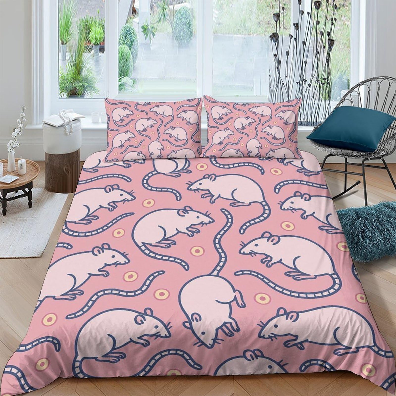 GPLZQXKJNH 3D Printed Rat Pattern Duvet Cover Microfiber Soft Pink Bedding Set with 2 Pillowcases for Bedroom Decor Single（135x200cm）