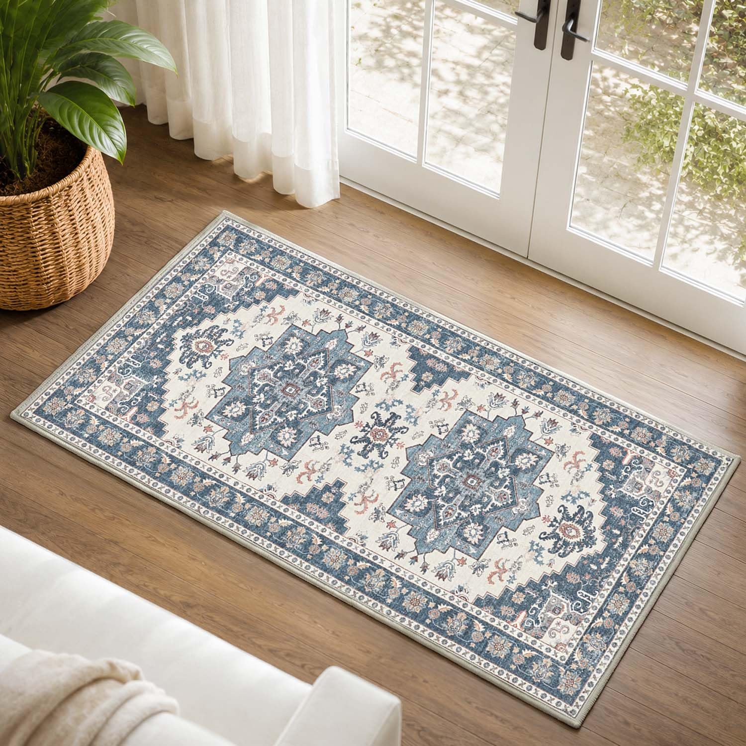 TOPICK Navy Blue Washable Runner Rugs 60x110, Short Pile Vintage Door Mat