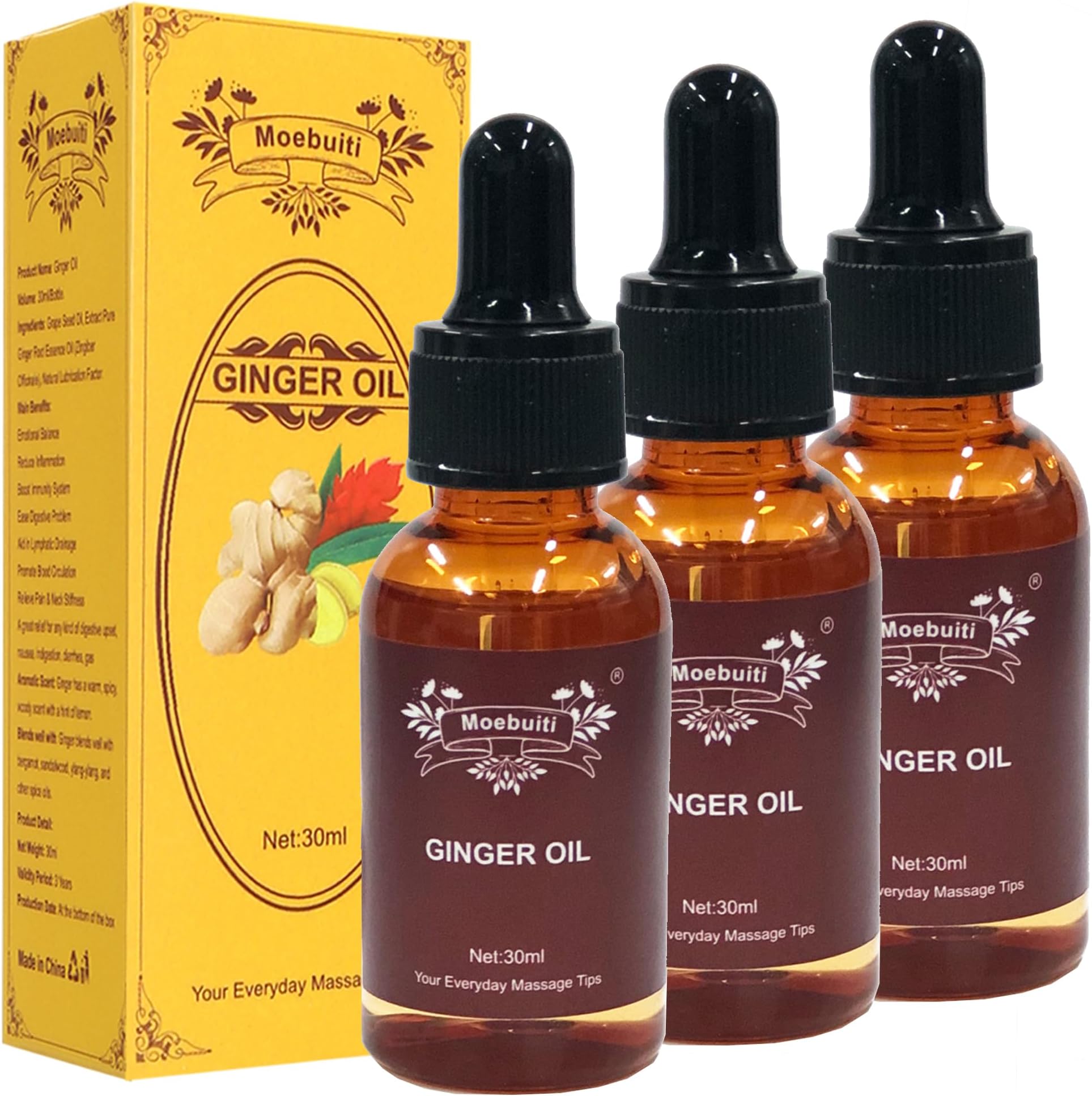 Ginger Oil, Relaxing Massage Oils for Massage Therapy, Pure Ginger Essential Oil for Lymphatic Drainage, Hair Care, Joint Pain, Skin, Belly, Diffuser, Aromatherapy, 30ml (Pack of 3)