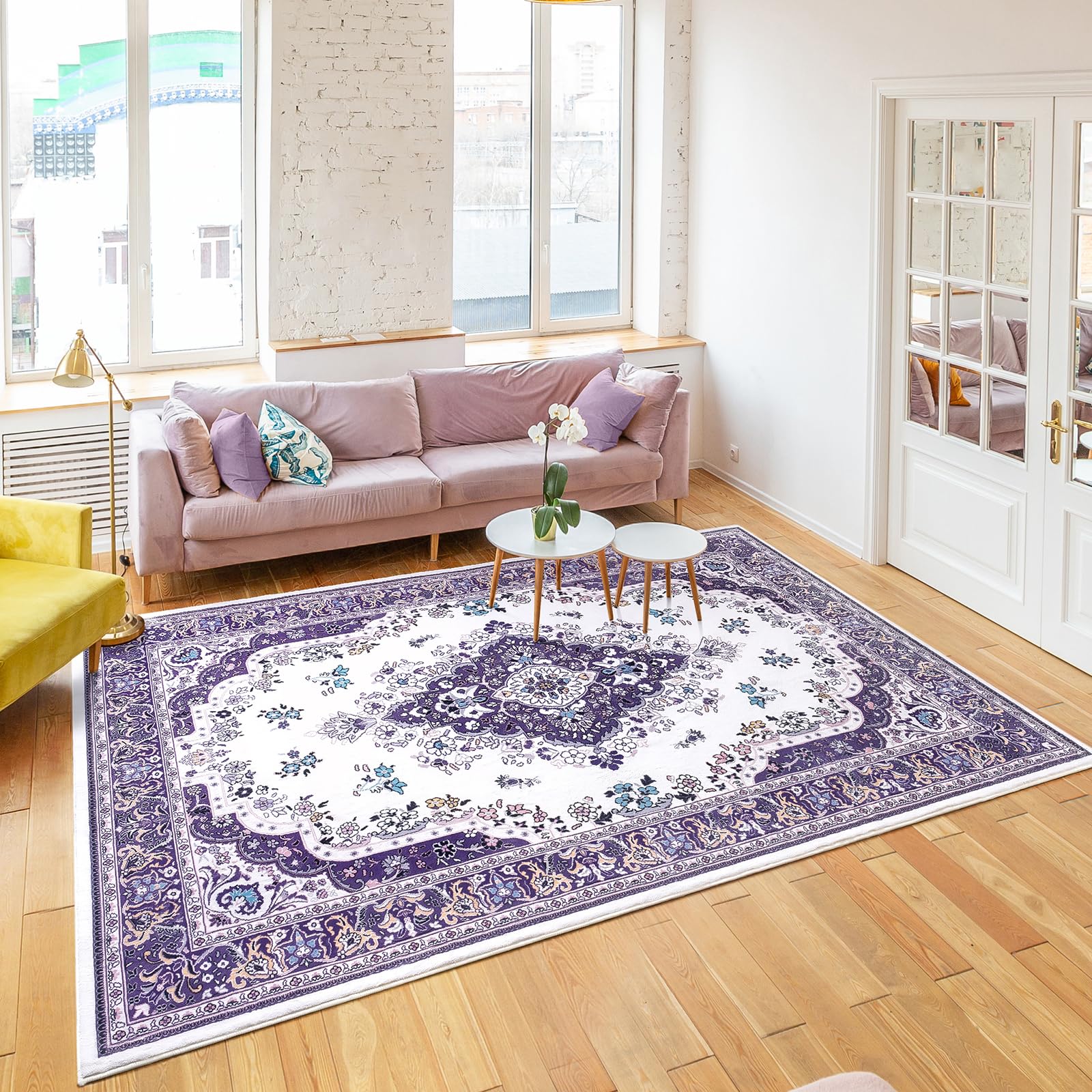 HOMORE Area Rug 4x6 Purple Rugs for Bedroom Living Room, Non Slip Washable Throw Rug for Kitchen Ultra Thin Low Pile Vintage Rugs for Entryway Floral
