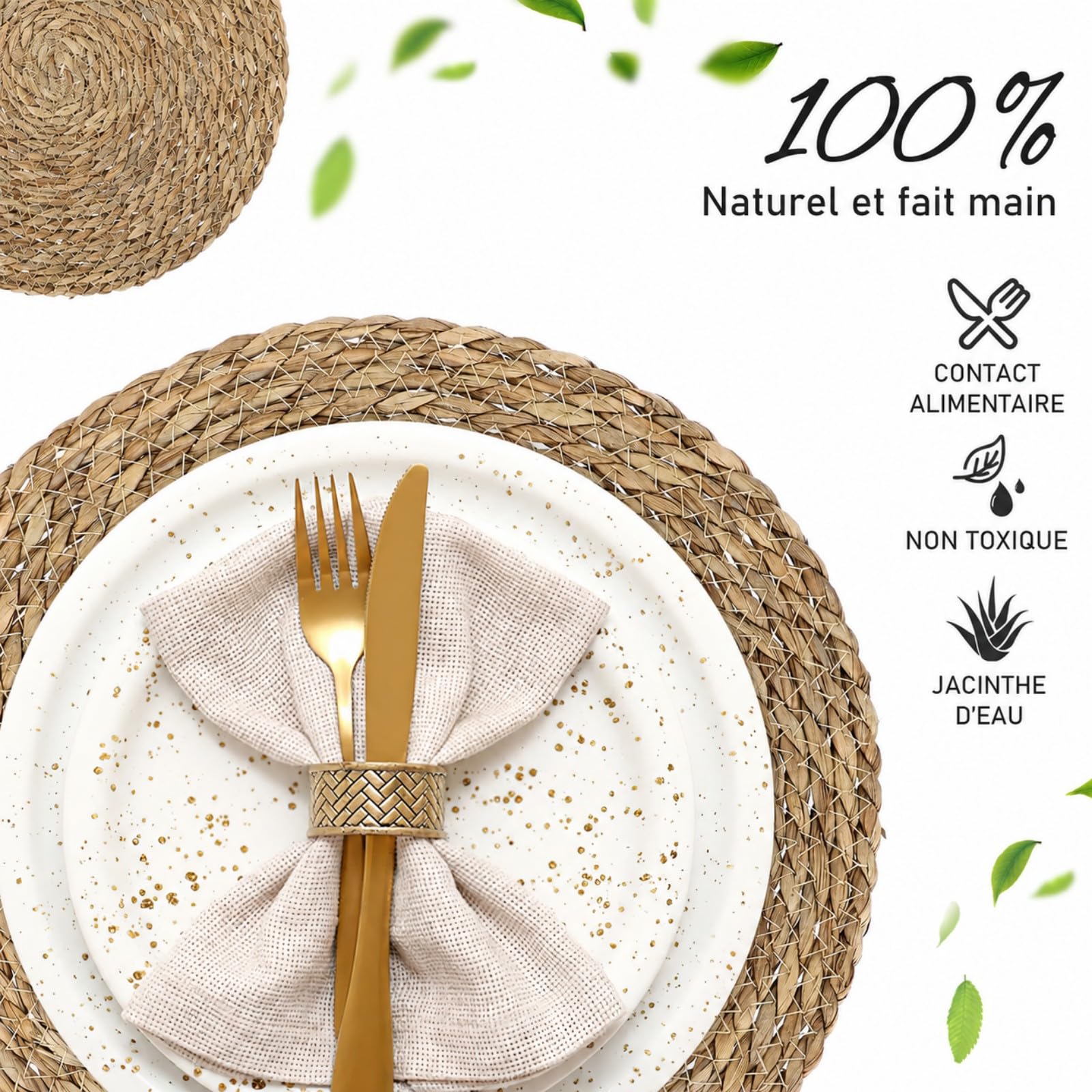 Lot de 10 Napperons Ronds Tissés en Jacinthe d'eau, 33cm - Set de Table Naturel Résistant à la Chaleur, Style Rattan pour Cuisine, Mariage, Fêtes et Décoration de Table