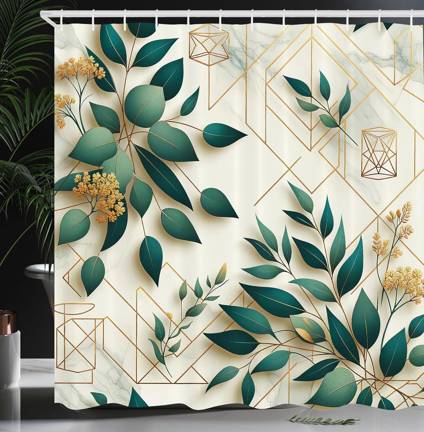 Ambesonne Eucalyptus Leaves Shower Curtain, Modern Minimal Polygonal Shapes Autumn Blooms with Leaf Art, Cloth Fabric Bathroom Decor Set with Hooks, 69" W x 84" L, Dark Teal Amber Ivory