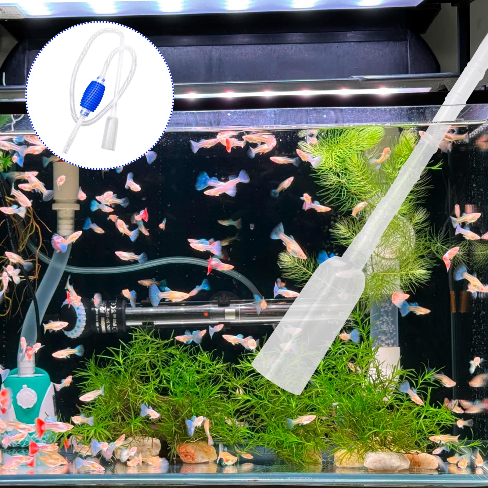 Mulmsauger Aquarium aus Kunststoff, Aquarium Sauger mit Waschkopf, Absaugrohr, Auslaufrohr und Luftsack, Ideal für Aquarium Reinigung und Wasserwechsel