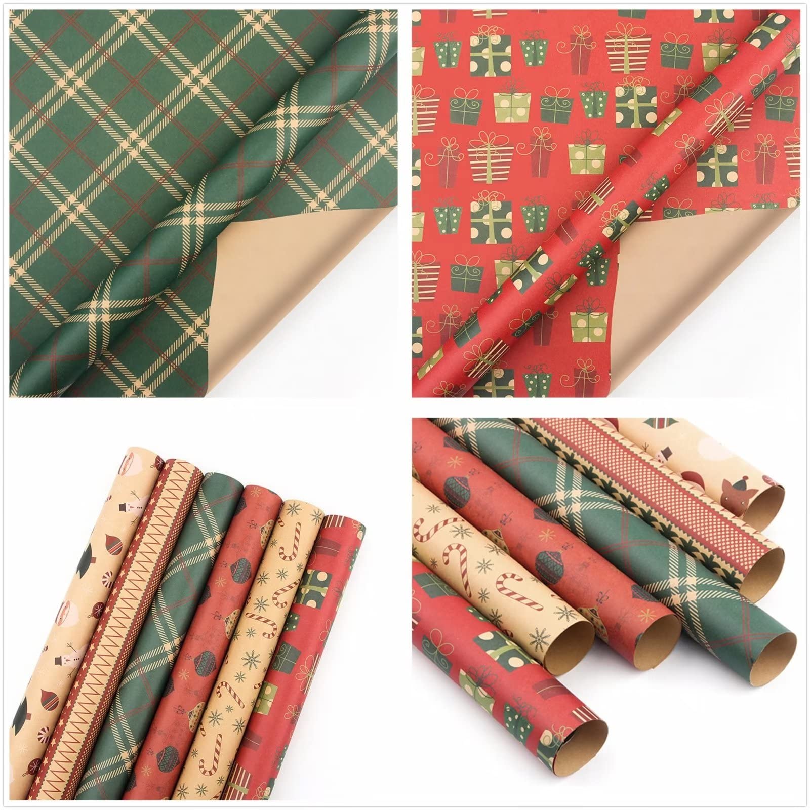 6 Rollen Weihnachts-Geschenkpapier, Kraftpapier, Büffelkariert, Geschenk, Schneeflocke, Ball, Baum, Schneemann, Weihnachtsmann, Geschenkpapier mit Schnur, Aufkleber für Urlaub, Party, 27,6 x 39,3 pro