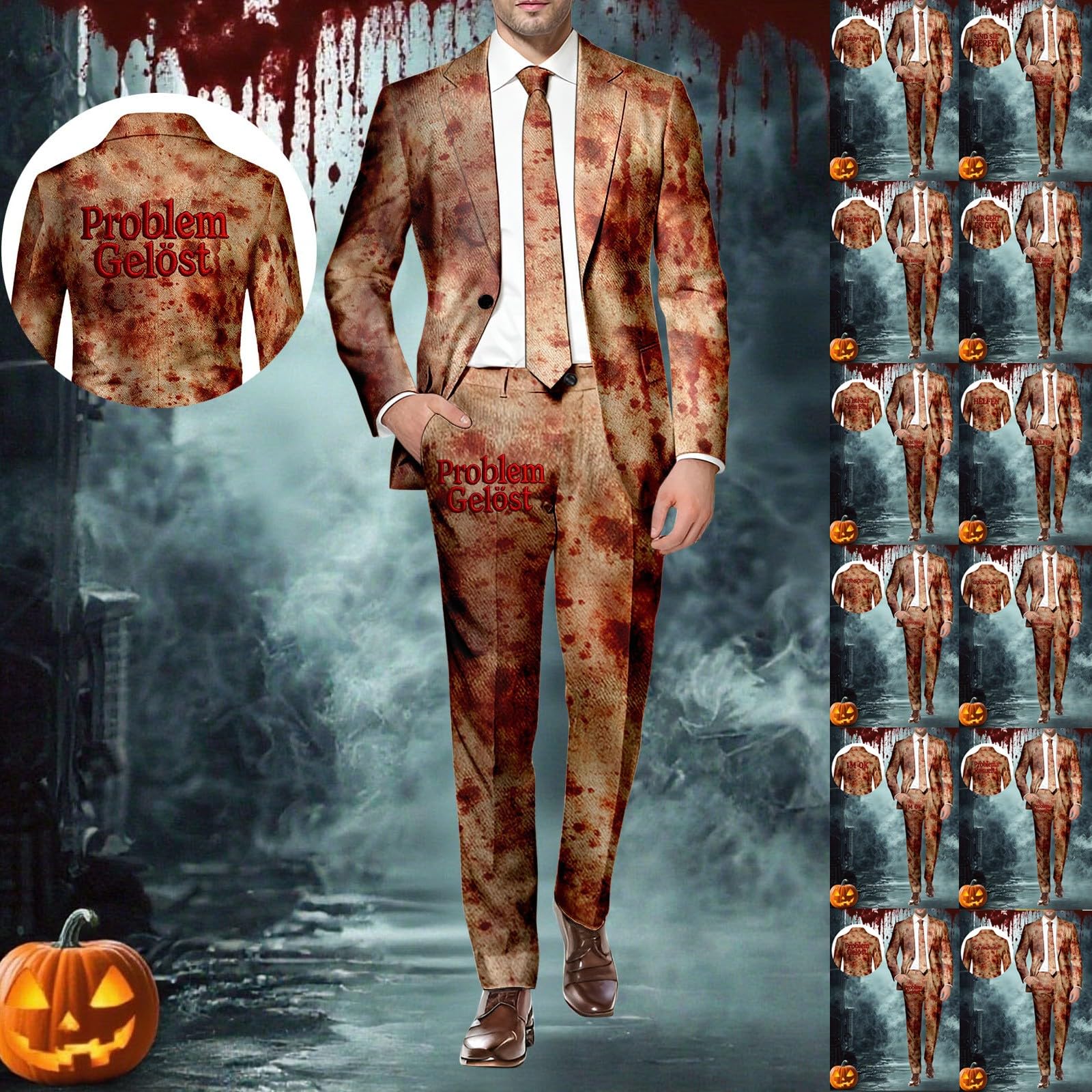 Blazer Herren Blutspritzer Horror Halloween Anzug Outfits 2-Teilig Casual V Ausschnitt und Hose Entsetzen Blutig Bedruckt Sakko Anzughose Blutiger Anzüge Festliche Hosenanzug