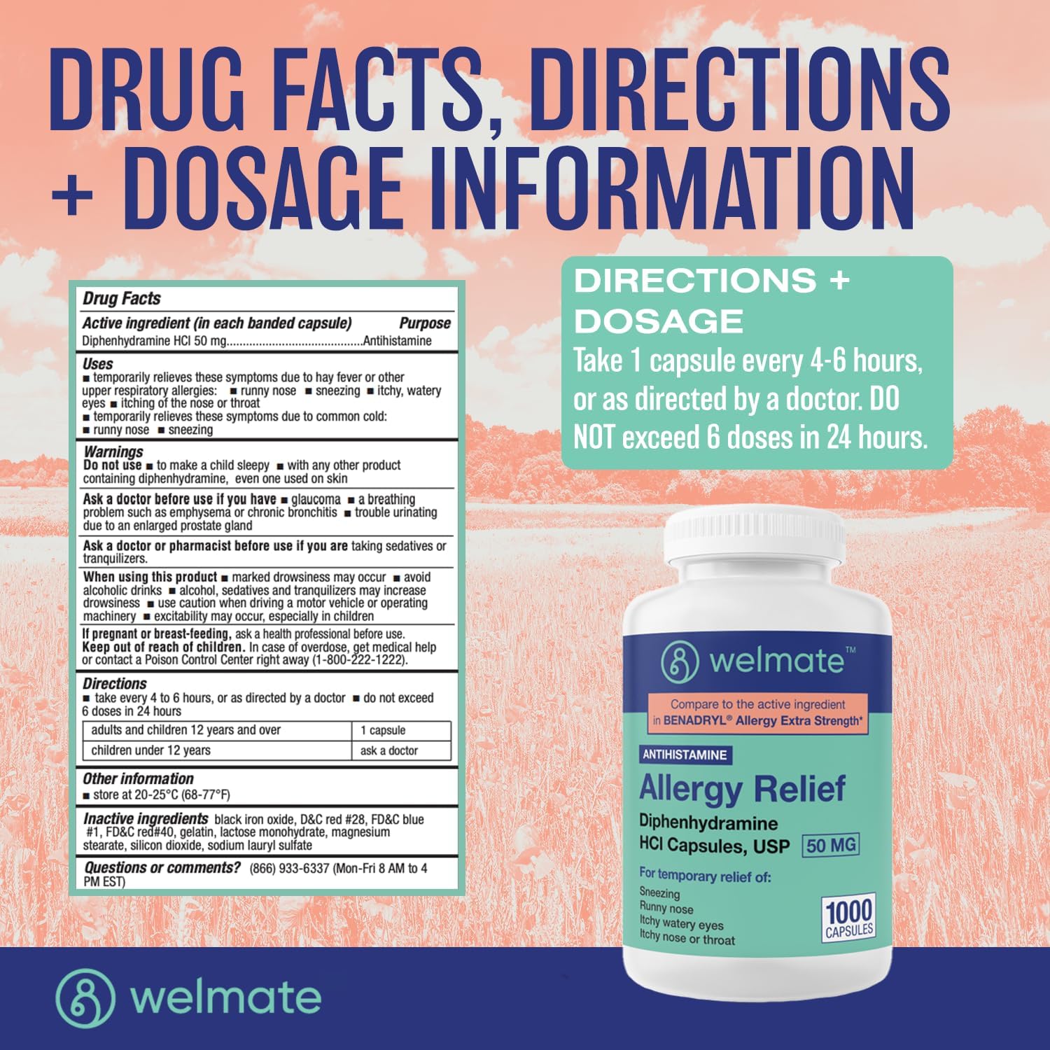 WELMATE UTI Comfort & Restful Night Kit: Urinary Pain Relief Phenazopyridine 99.5mg (72 Ct) & Nighttime Sleep-Aid Diphenhydramine 50mg (1000 Ct)