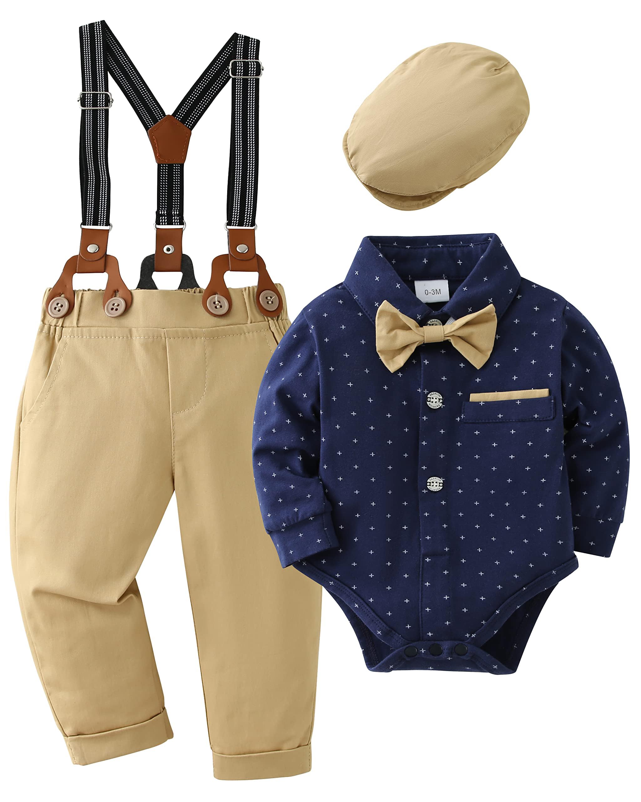 Baby Boy Gentleman Outfits Clothes Set 0-18 Months Romper Jumpsuit with Bow Tie + Suspender Pants Infant Wedding Clothing Sets
