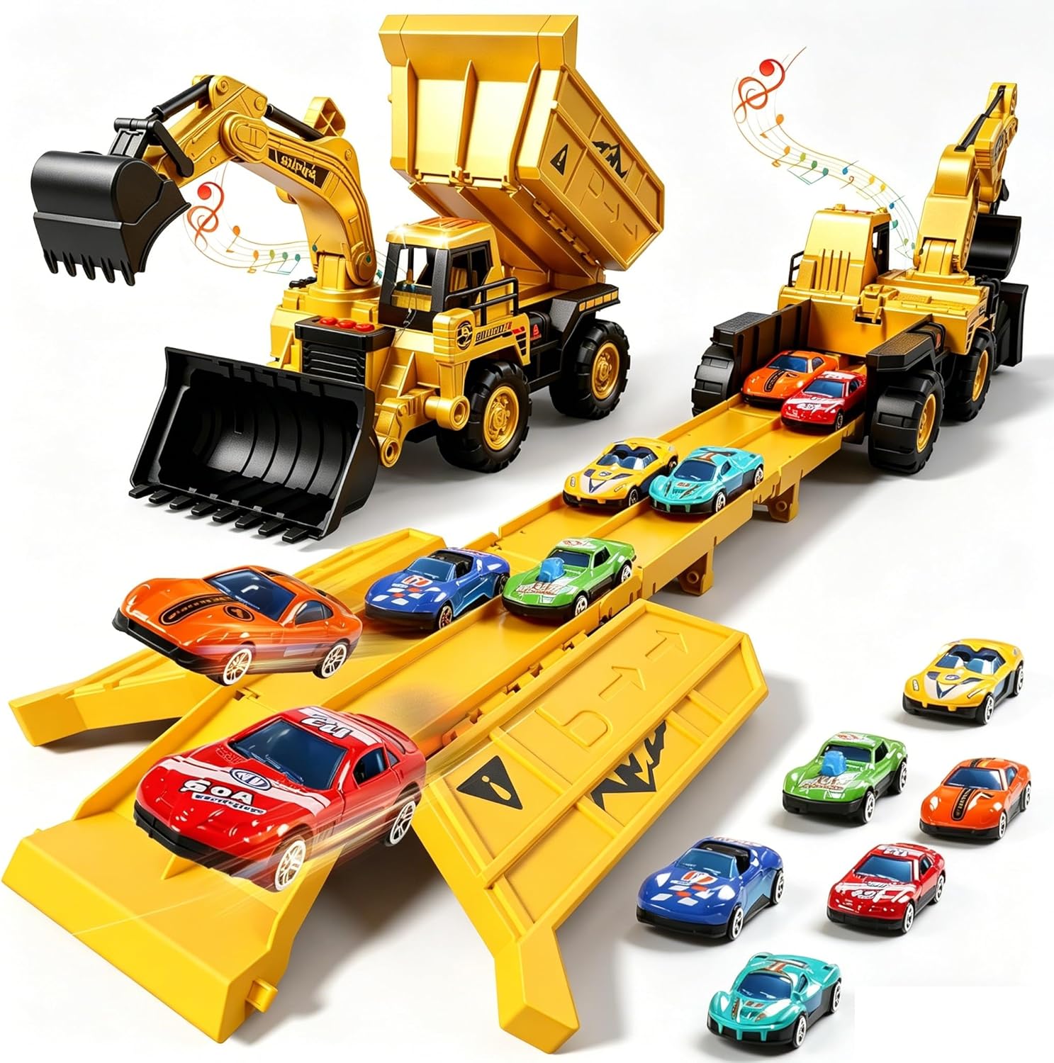 Construction Toy Truck with Race Track Launcher, 2-in-1 Storage Dump Truck and Excavator Playset with 10 Mini Cars, Racing Track Toys for Kids Ages 3-8, Birthday Gift for Boys Girls