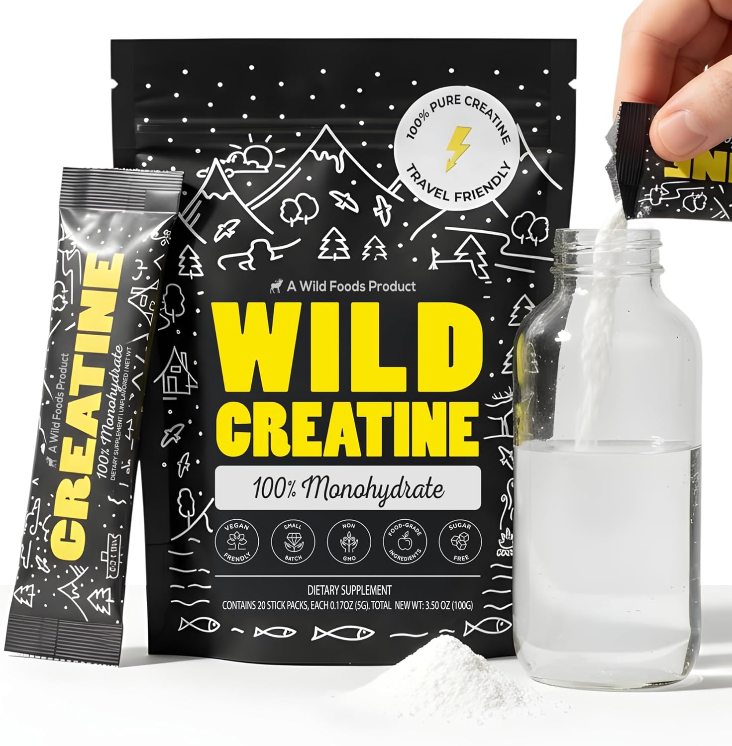 Wild Foods 100% Creatine Monohydrate Powder Packets - 20 Packets - for Brain & Performance – Pure Creatine Travel Packs for Men & Women, USA Made– 5g Creatina Per Serving