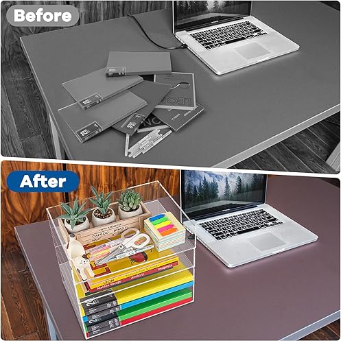 Miniatura 5 de ROTESONNE Organizadores de escritorio de acrílico de 2 niveles, bandeja organizadora de archivos de papel, apilable, accesorios de escritorio