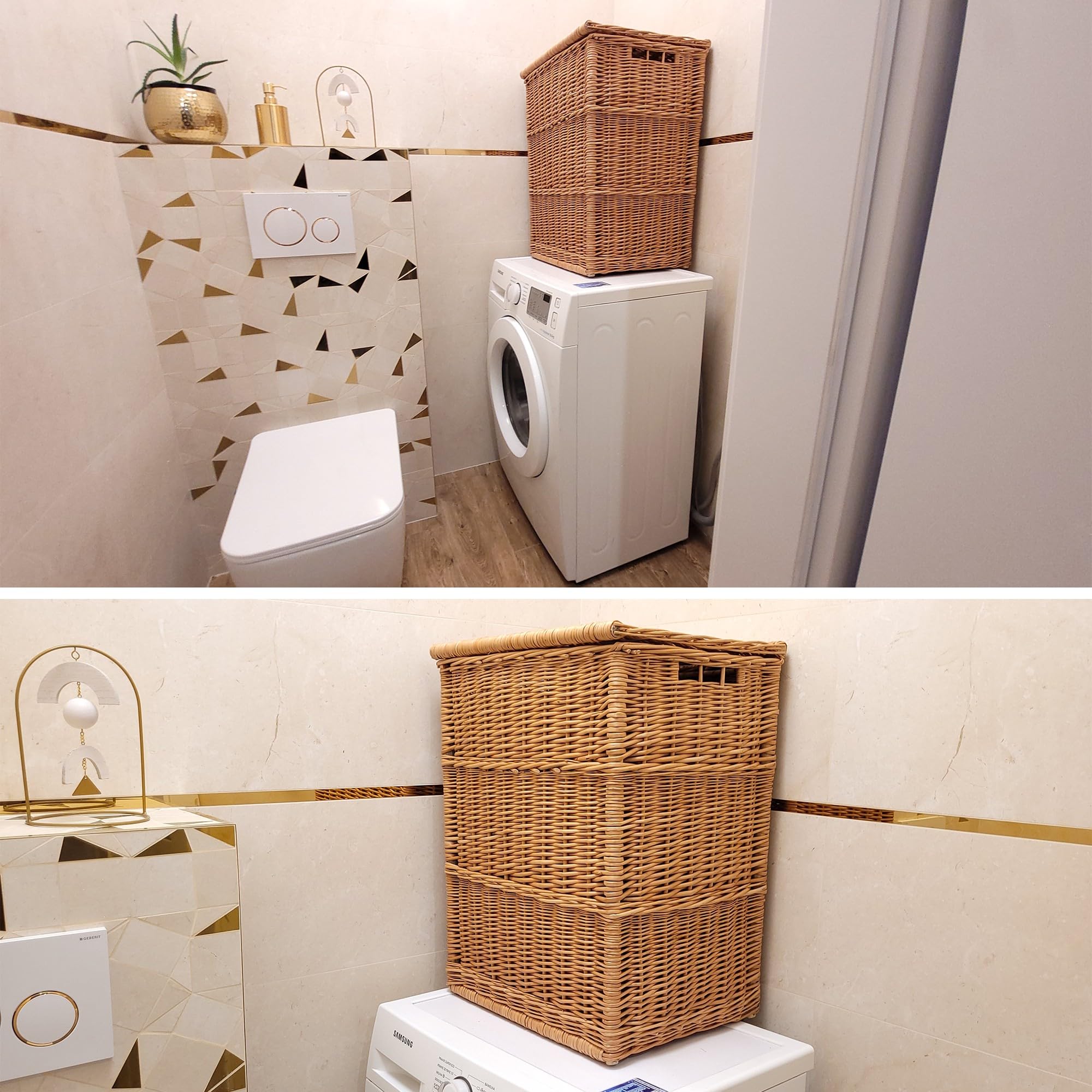 Panier en osier naturel weeco pour linge, vêtements ou jouets, couvercle rabattable et deux poignées de transport. Grand coffre en osier naturel pour vêtements, oreillers et jouets