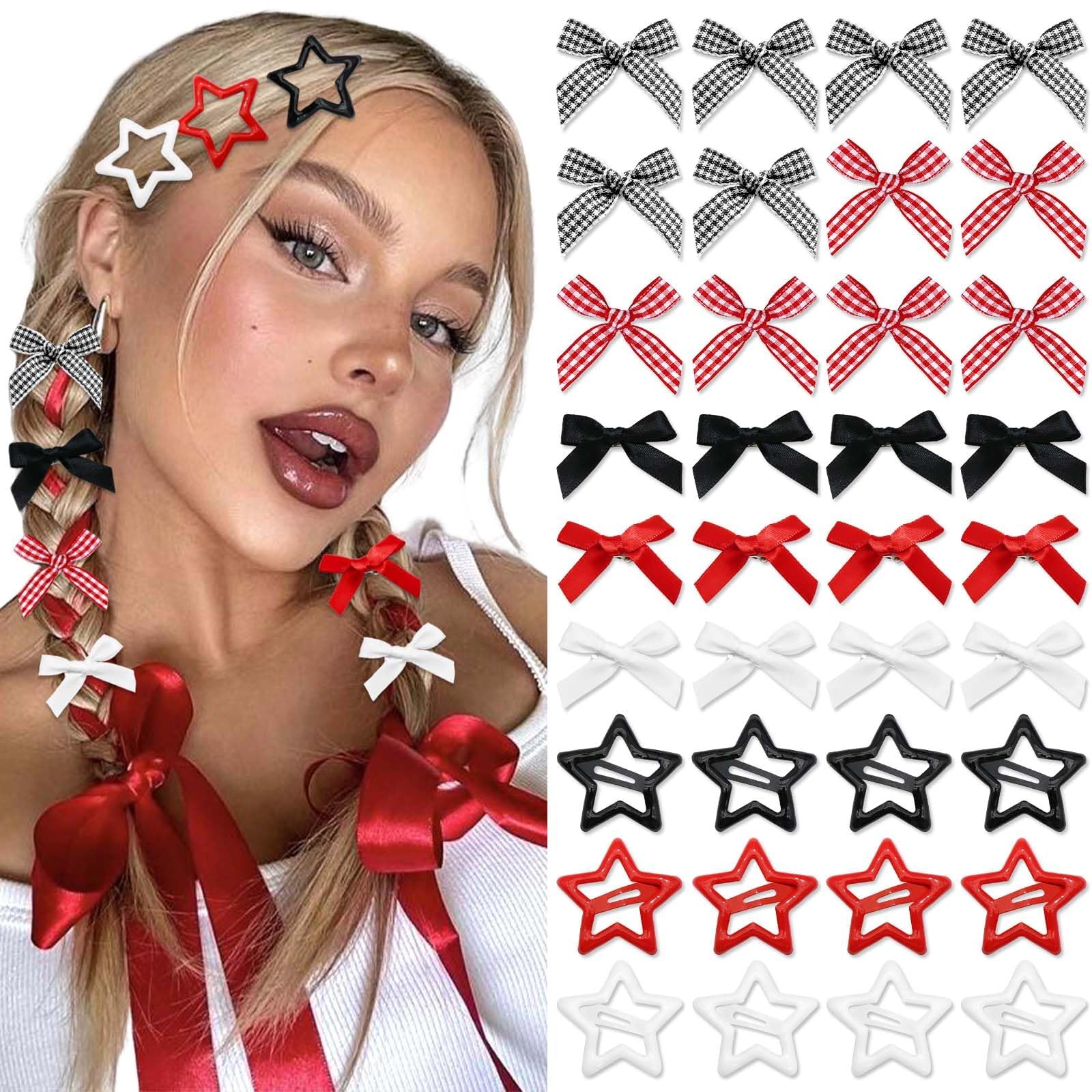 STGDAK 36 Pcs Valentines Hair Clips Cute Mini Bow Hair Ribbon Alligator Clip Star Barrettes Kawaii Small Bowknot Clips Plaid Hair Bows For Women Girls