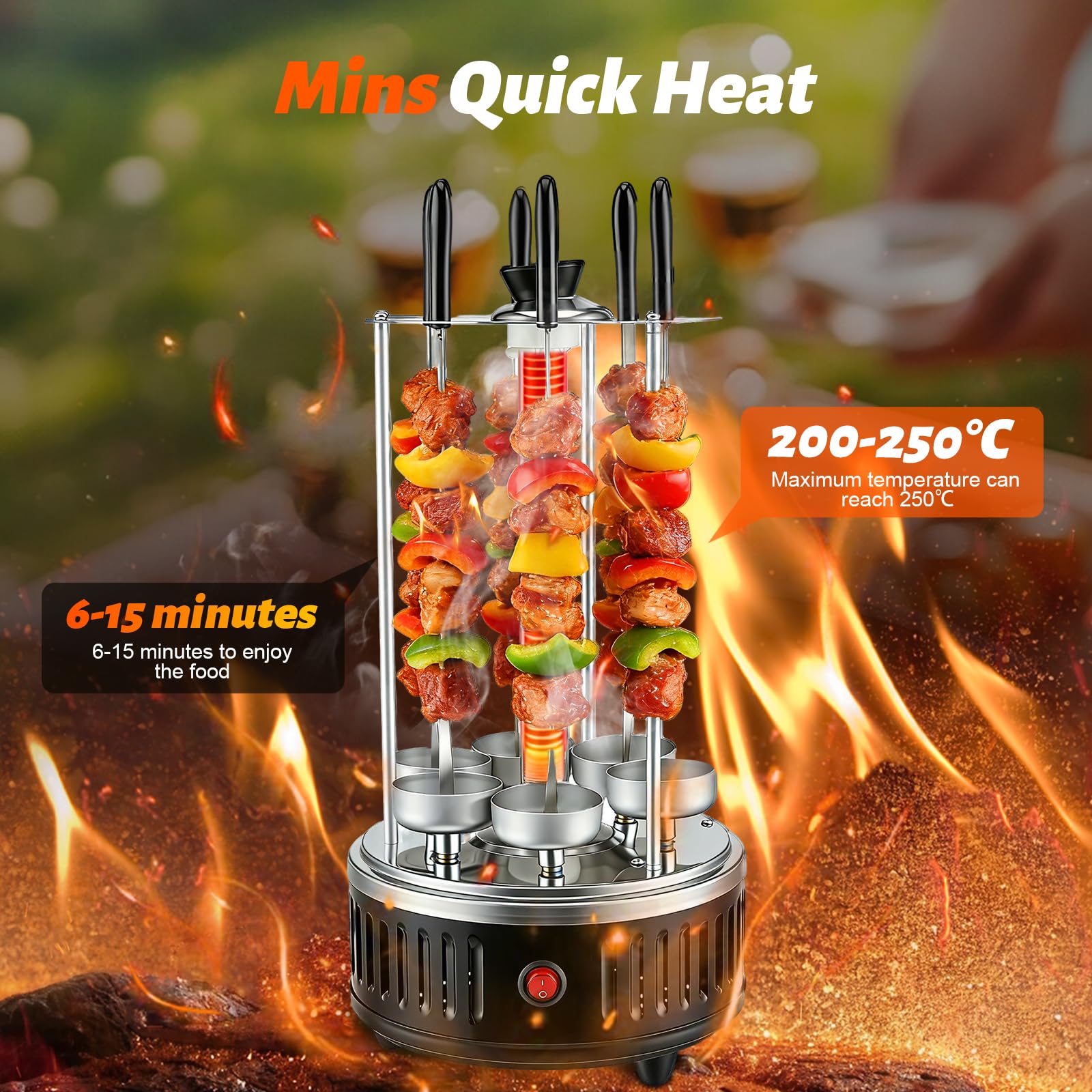 Barbecue de Table Électrique Vertical en Acier Inoxydable, Grill à Brochettes avec 12 Broches et 2 Éléments Chauffants en Verre, 1000W Barbecue Intérieur sans Fumée pour Maison Balcon Jardin