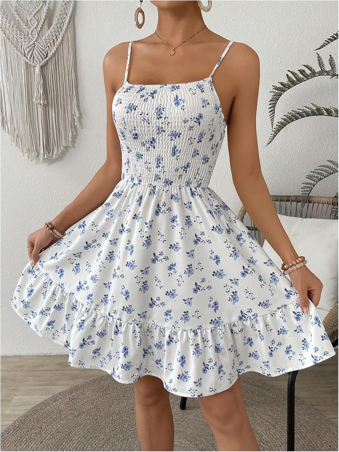 Milumia Women's Summer Floral Mini Dress Smocked Ruffle Spaghetti Strap Flowy Boho Cami Dress - Image 4