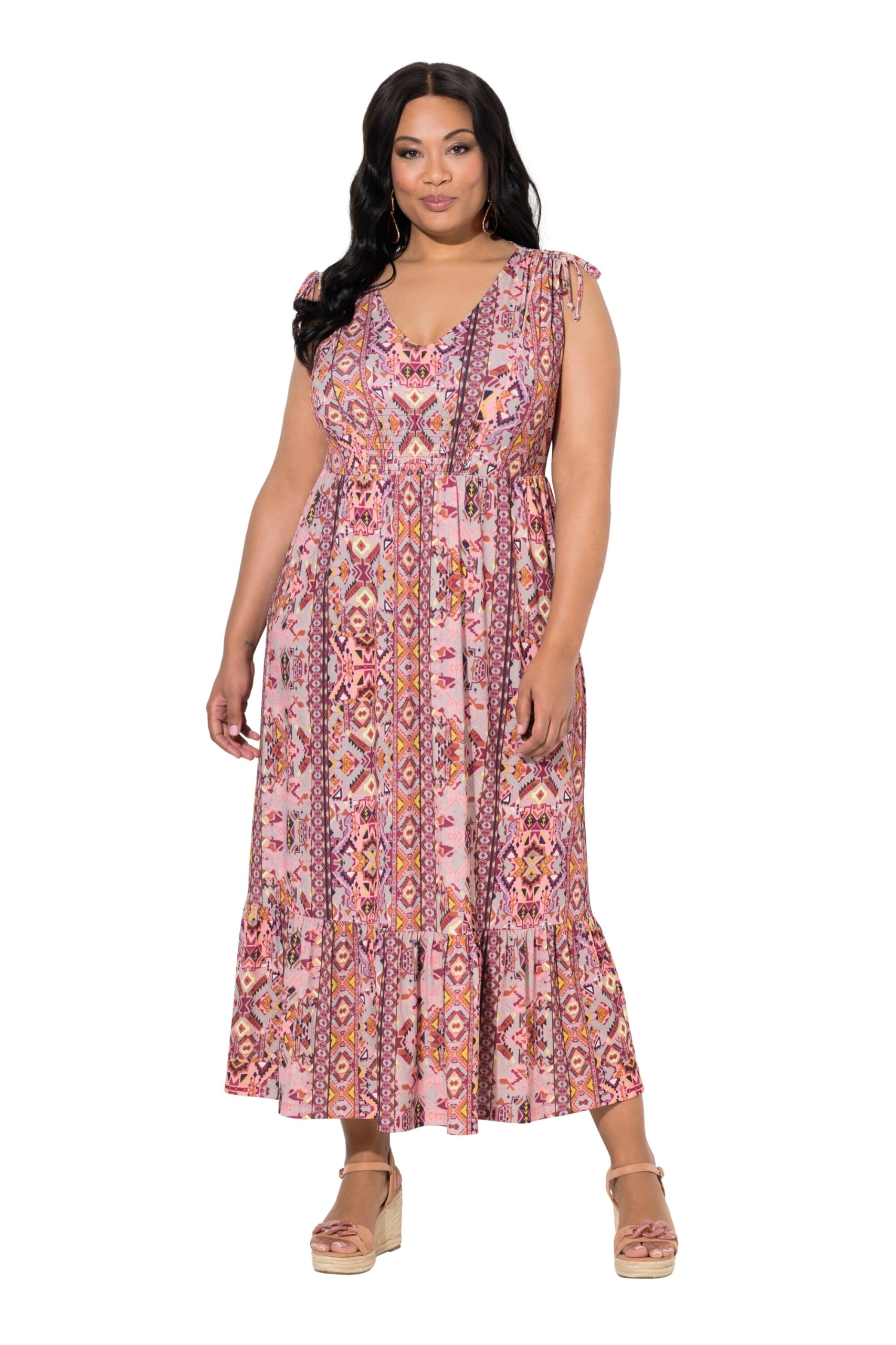 Ulla Popken Damen große Größen Übergrößen Plus Size Maxikleid, grafischer Druck, V-Ausschnitt, ärmellos 850013