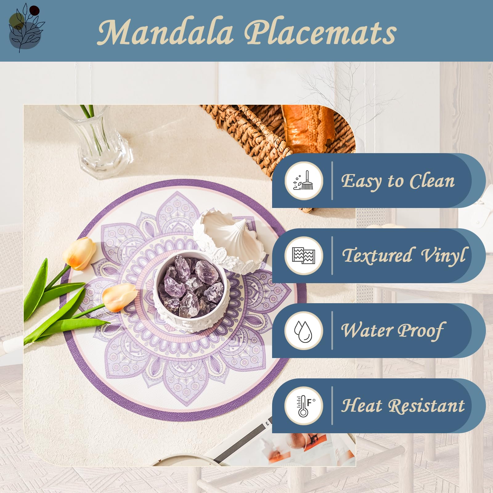 Elistonie Set of 6 Boho Round Placemats Waterproof Textured Vinyl Placemats for Dining Table Heat Resistant Dining Mats Washable Place Mats Mandala Round End Table Mat Bohemian Table Settings (B) - Image 3