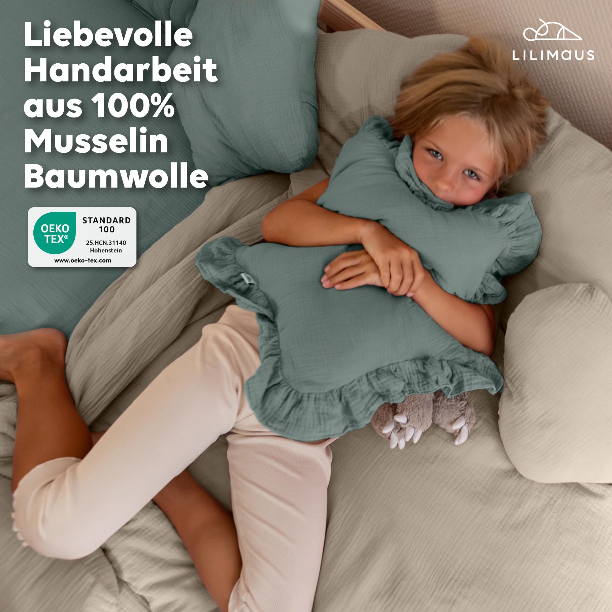 Dekokissen Kinderzimmer [Kuschel Kissen in Herz- & Sternform] - Kuschelkissen Kinder aus 100% Musselin-Baumwolle - handgenäht & weich in 12 Farben - Herzkissen Sternkissen Deko fürs Kinderbett