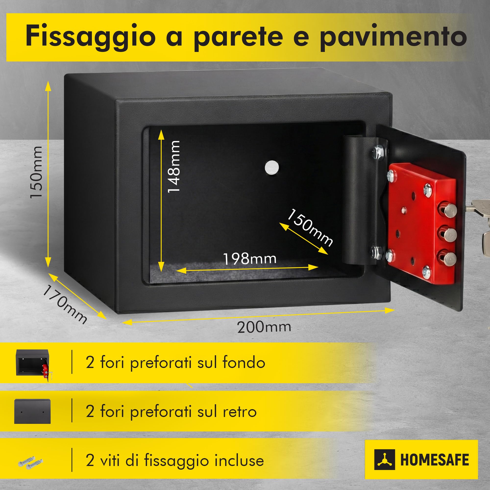 HomeSafe HV15K Cassaforte Piccola con Chiave, 15x20x17cm (HxLxP), Cassaforte da Armadio per Sicurezza Domestica, Cassetta di Sicurezza per Soldi, Gioielli, Oggetti di Valore