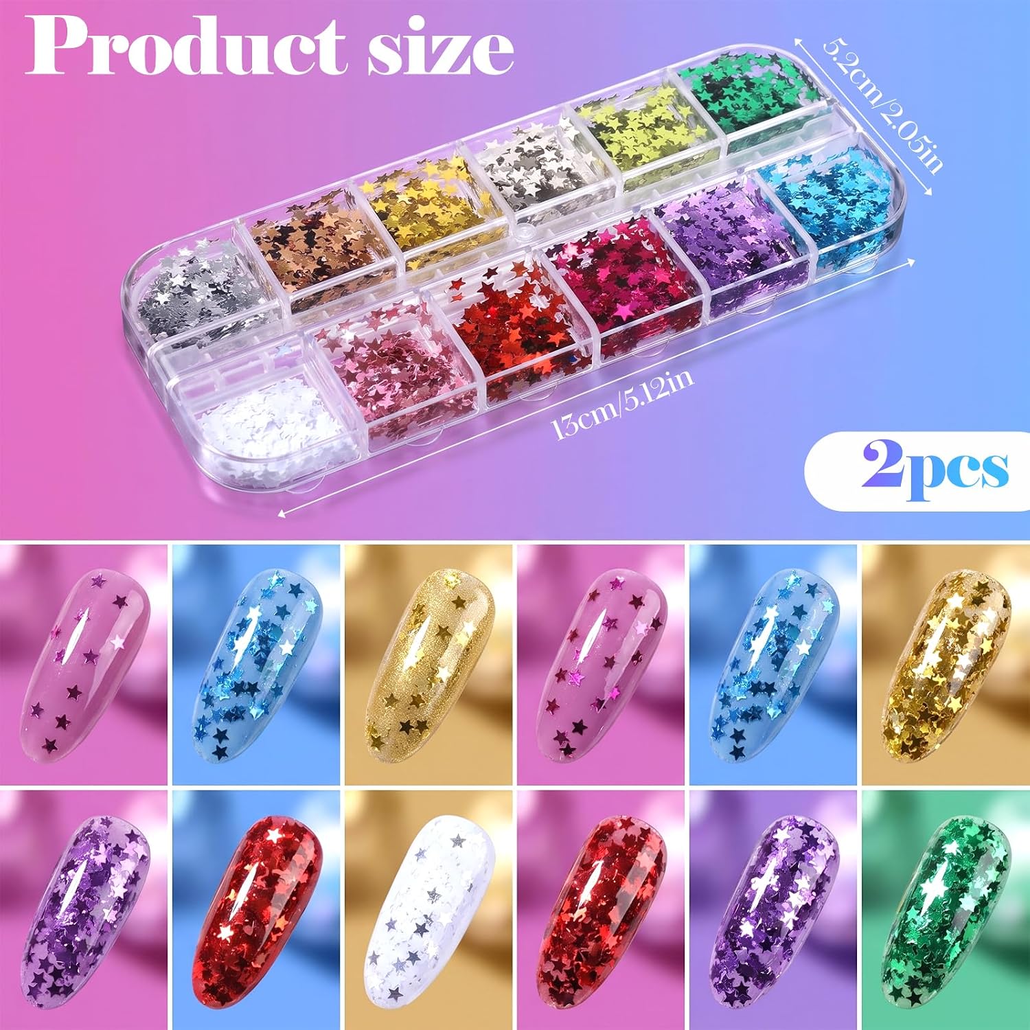 12 Colors Nail Art Glitter for Nails- 2 Box Star Flakes for Nails