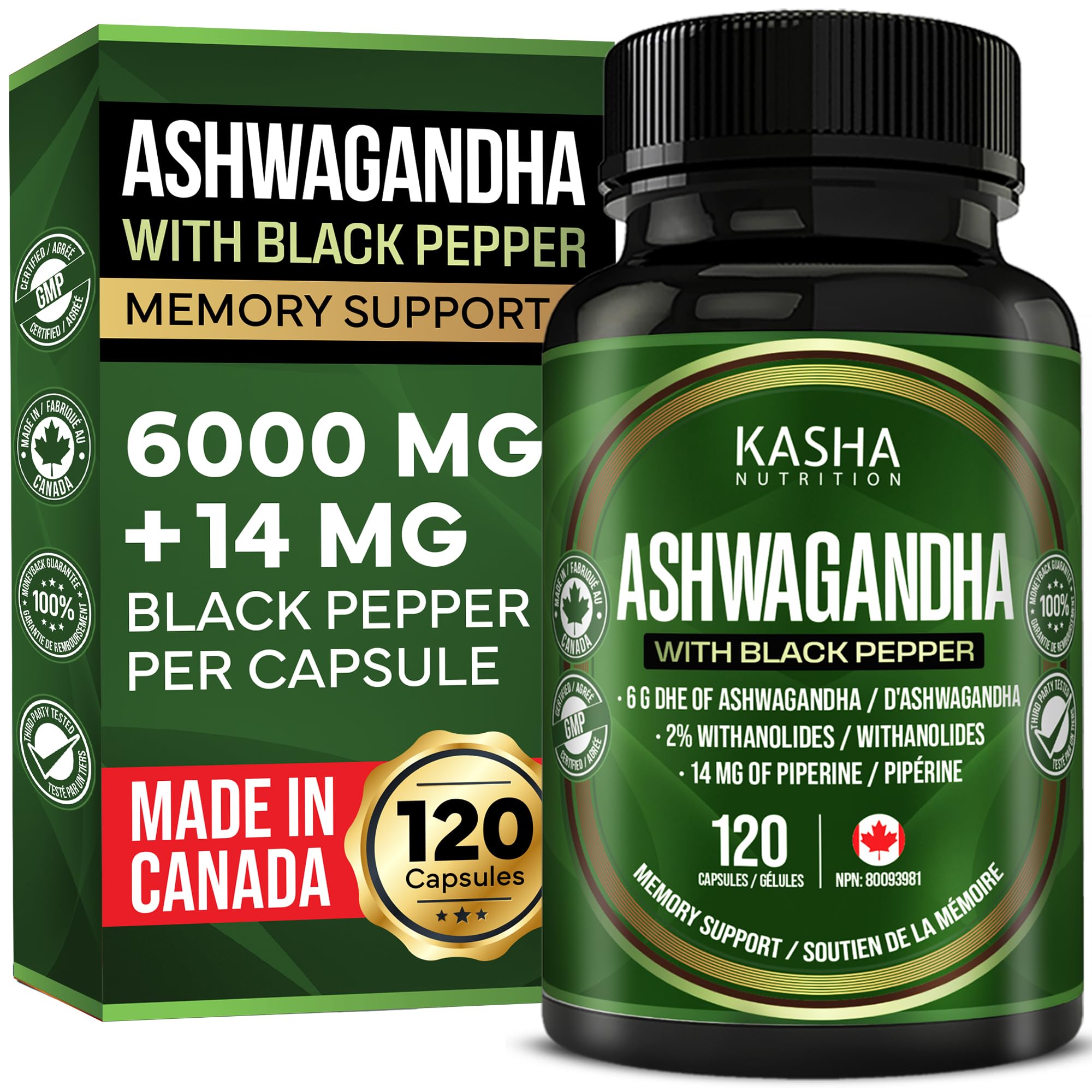 10X Strength Ashwagandha Root Capsules | 6000 mg of Ashwagandha PER CAPSULE, 2% withanolides standardization and 14mg of Piperine (Black Pepper) for absorption. 120 Vegan Capsules with No Fillers | Used for Rejuvenation & Memory Enhancement. | Canadian Made, Quality Assured