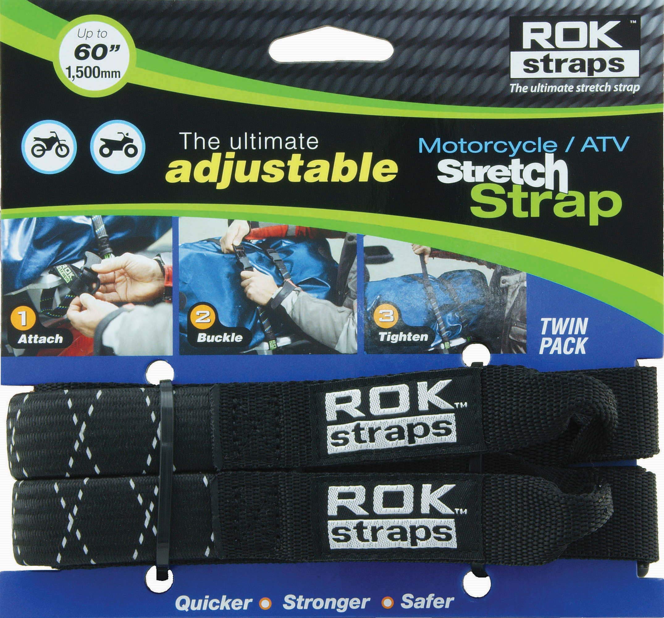 ROK StrapsROK050 Motorcycle Adjustable Luggage Strap 25mm - 18"- 60" (Twin Pack) Black Reflective