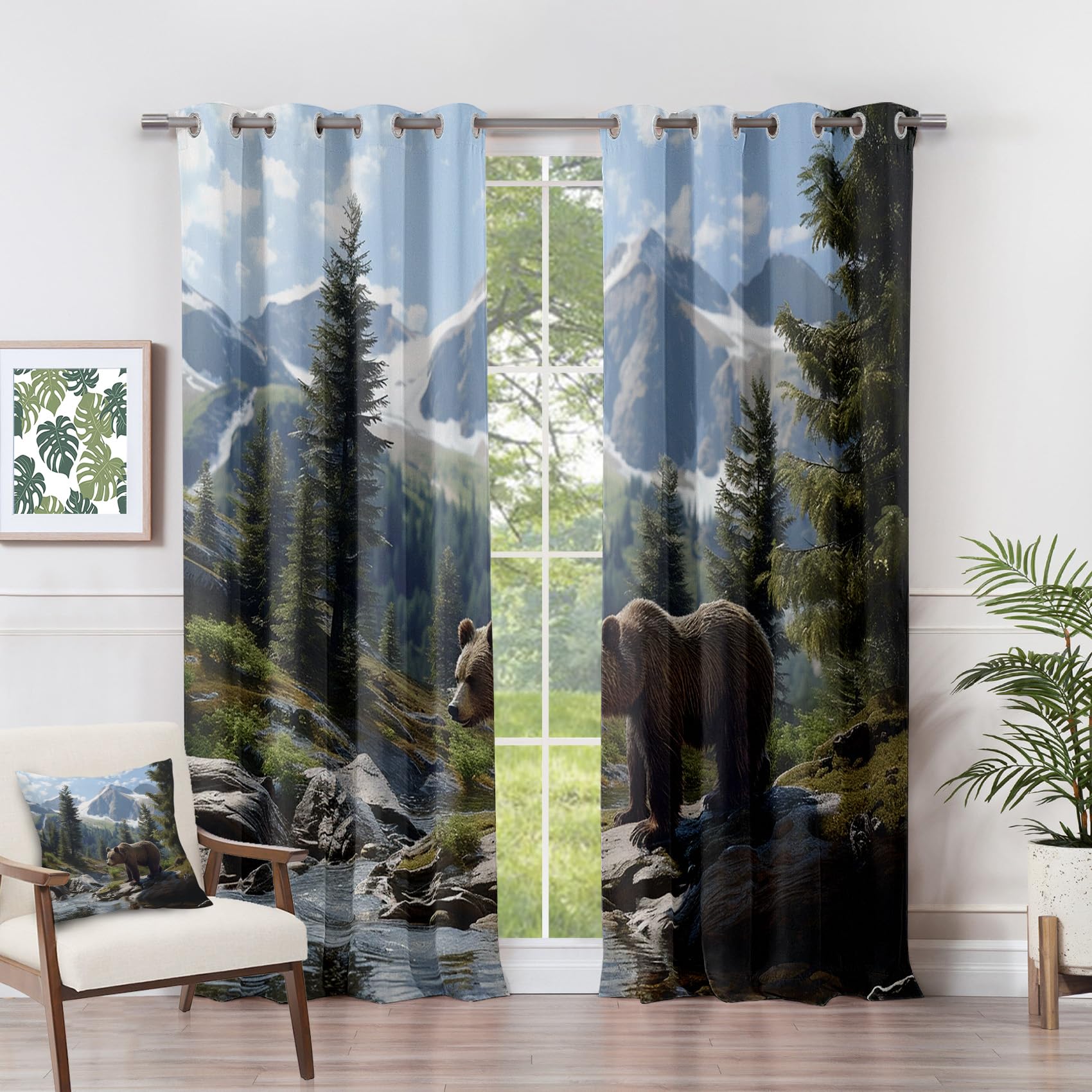 Generisch Vorhänge Bär - Tierwelt Berge Landschaft Fenster Gardinen mit Ösen, Vorhang Blickdicht Verdunklungsvorhänge Thermovorhang für Wohnzimmer Schlafzimmer Deko 2er Set, H 220 x B 140 cm C#-118