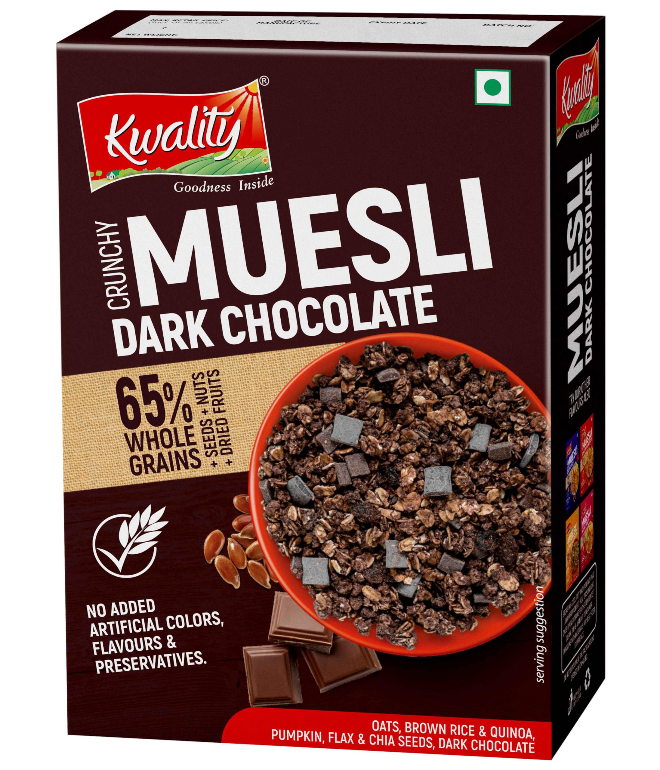 Kwality Muesli Crunchy Dark Chocolate 400g | 65% Whole Grains + Seeds + Nuts & Dried Fruits, High Protein & Fiber, Healthy Breakfast Cereal-image-27