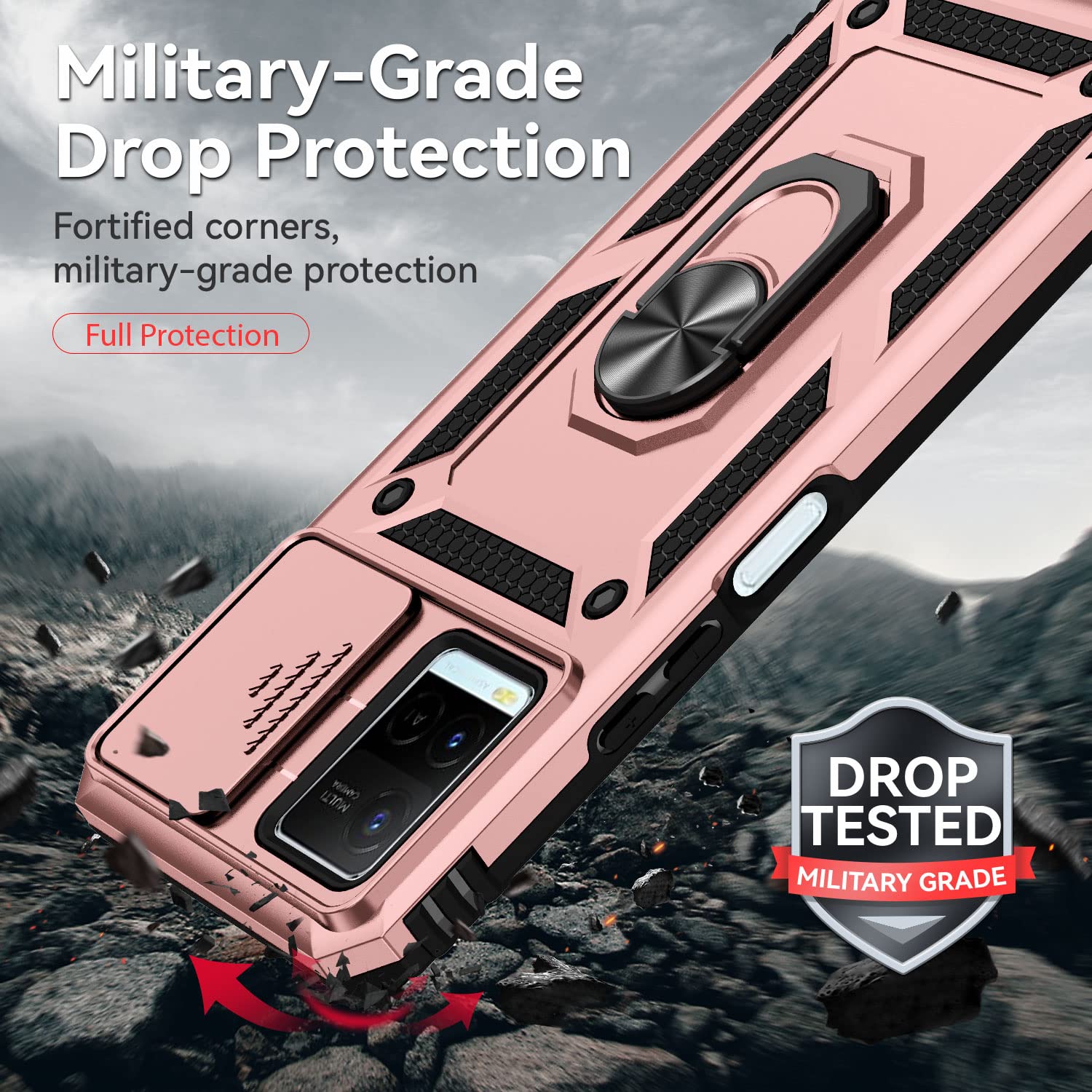 Cover Per Vivo Y21S BAIDIYU, Custodia Protettiva A Doppio Strato TPU+PC, Antiurto Con Staffa, Colore Rosa