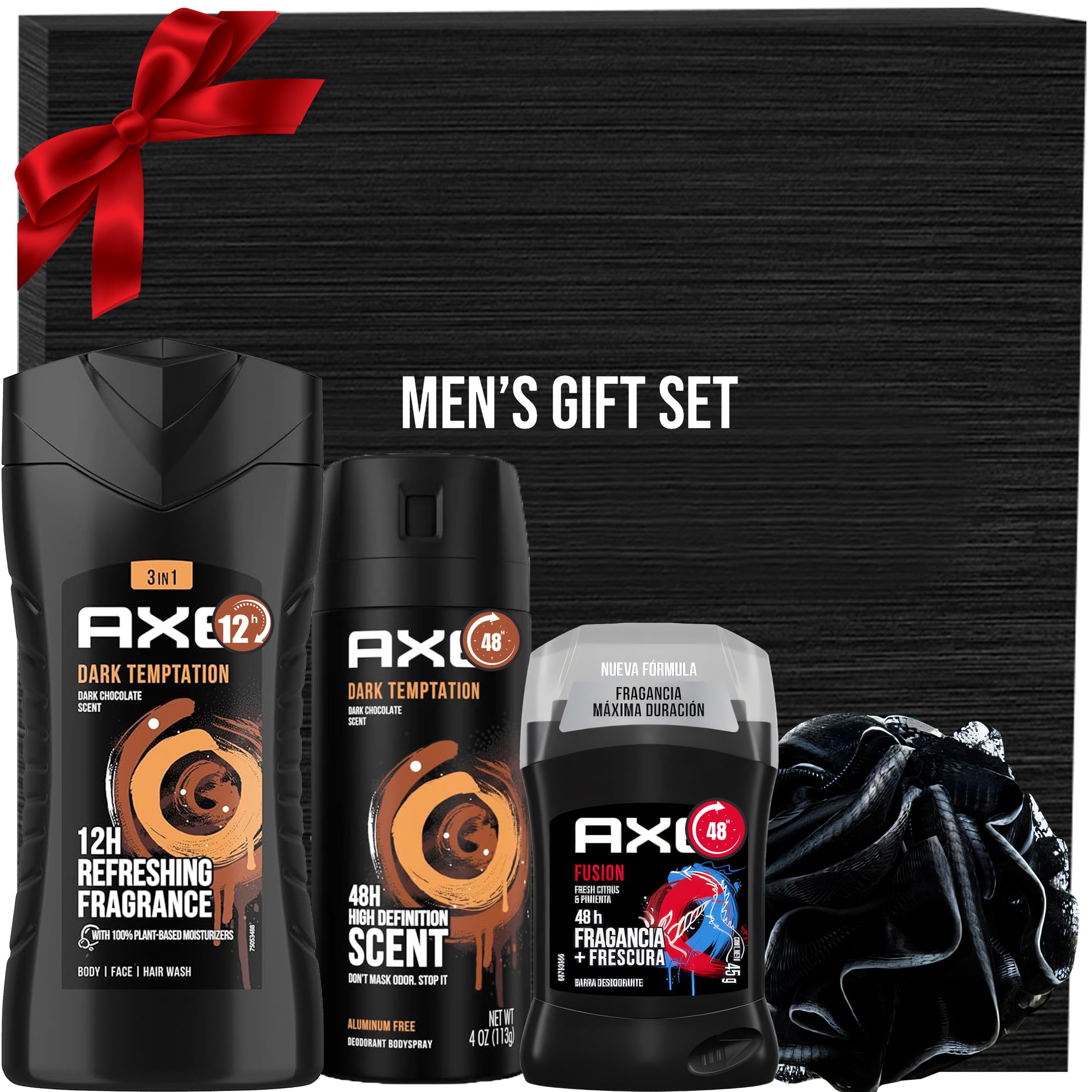 Valentine's Day Gift Set for Men, Includes Dark Temptation Body Wash, Dark Temptation Deodorant, Fusion Men Deodorant Stick, Mens Exfoliating Shower Tool in Gift Box for Boyfriend Him Dad Fathers Man