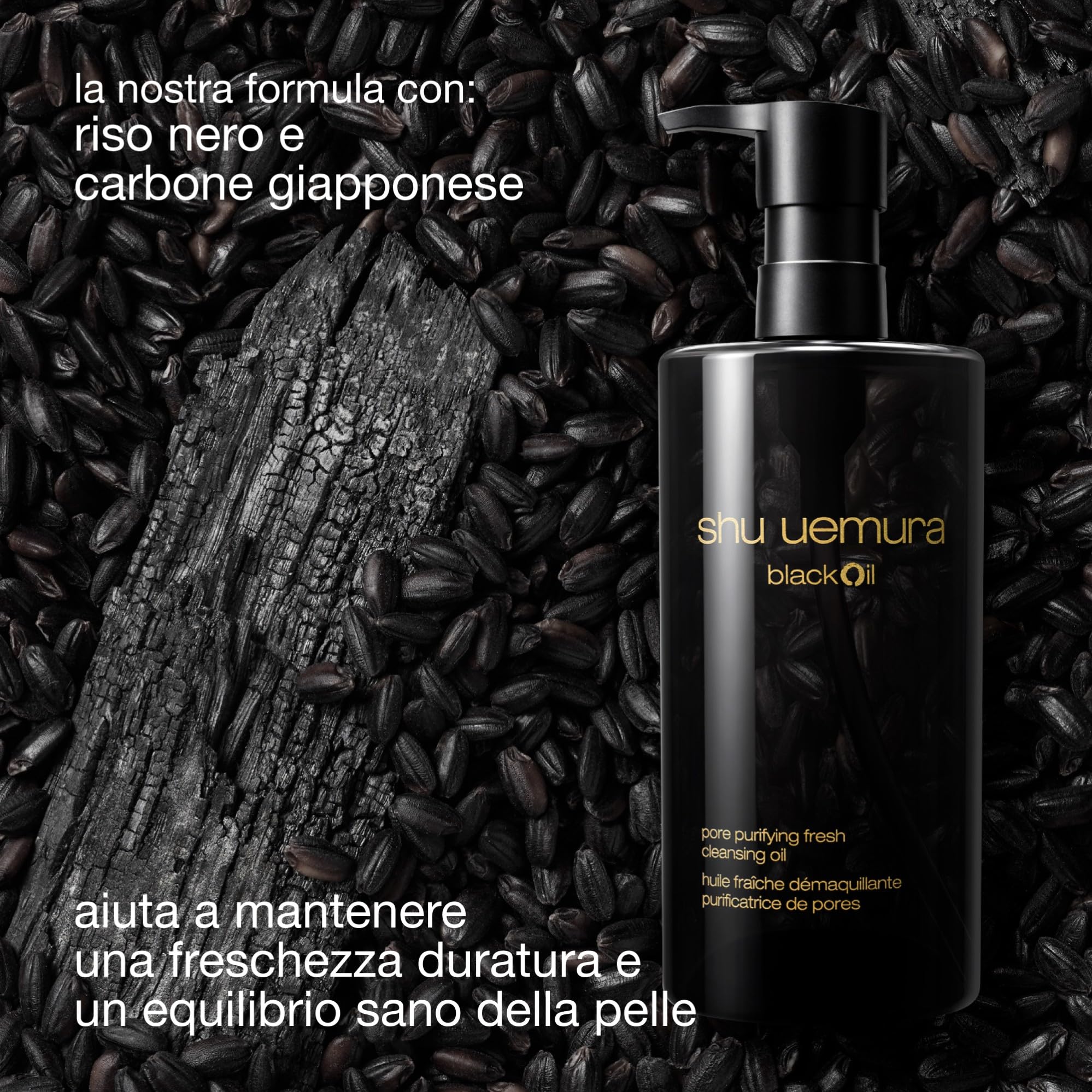 Shu Uemura BlackOil Olio Detergente Viso, Olio Struccante Esfoliante e Purificante, Detergente Viso, Con Riso Nero e Carbone Giapponese Binchotan, Pelle Sana, Per Pelli Grasse e Pelli Miste