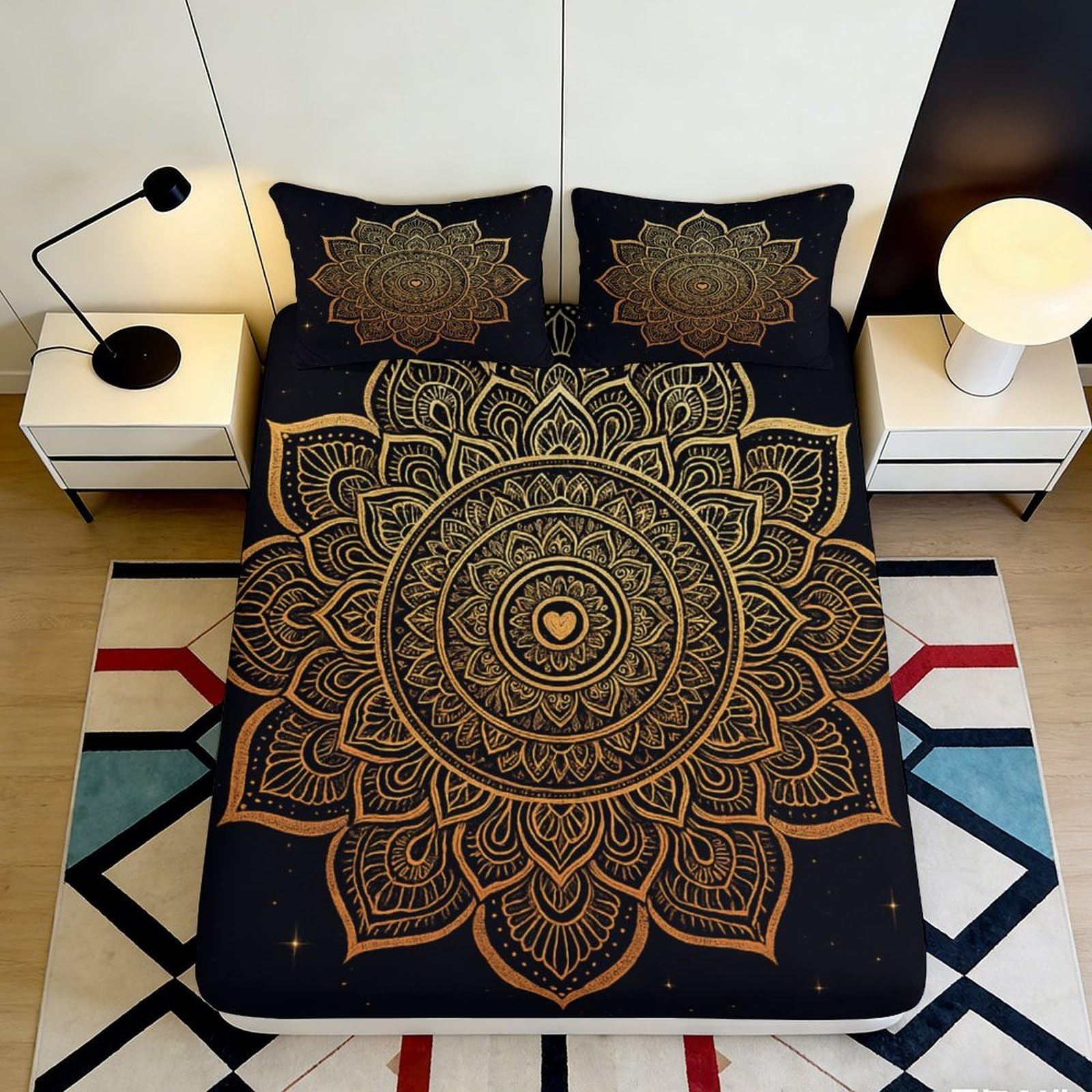 3D Printed Black Mandala Fitted Sheet Microfiber Soft Breathable Gold Lotus Mattress Cover for Bedroom Decor 90x200x25cm