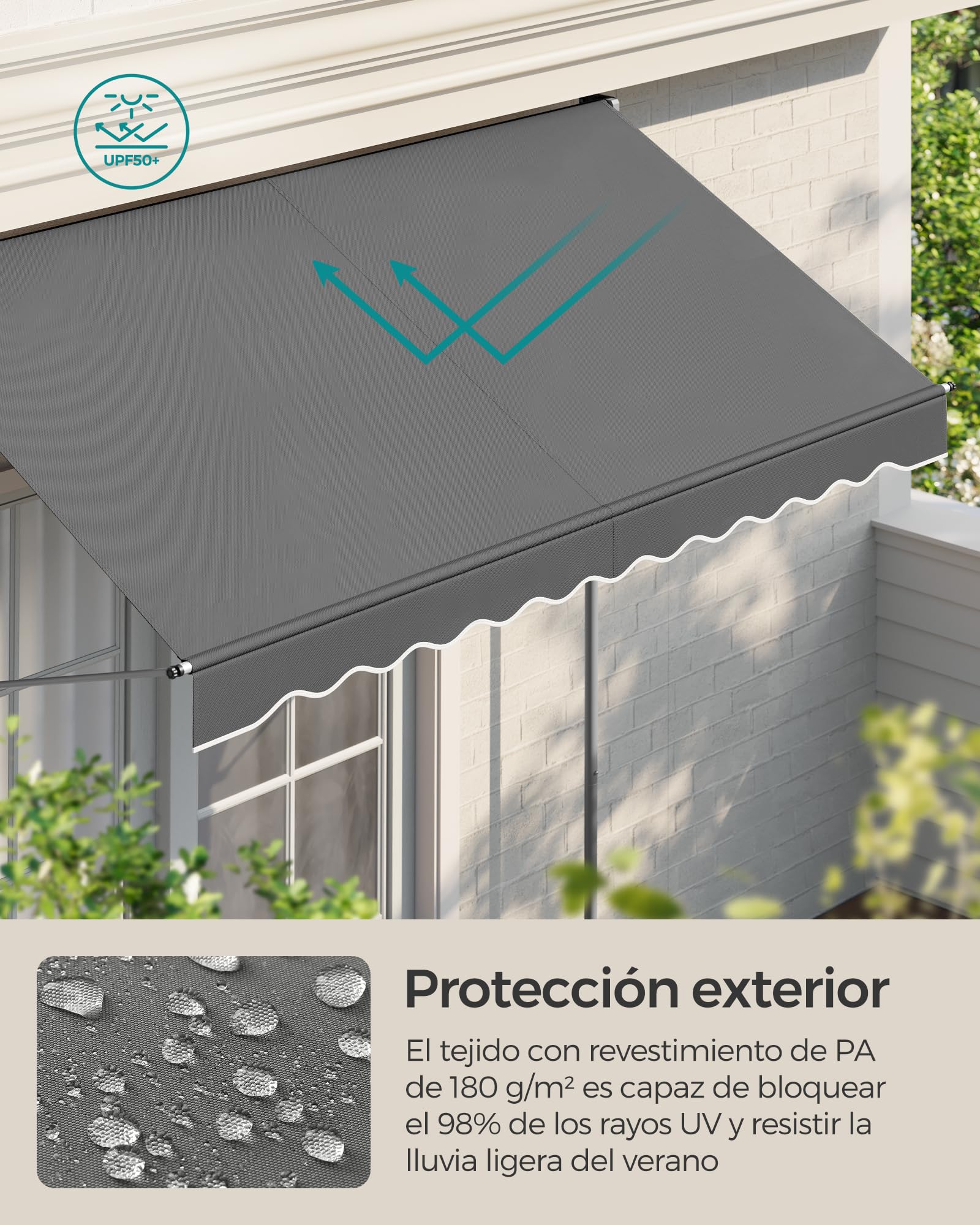 SONGMICS Toldo Manual, Toldo Retráctil para Balcón, Regulable en Altura con Manivela para Balcón, Jardín, Patio, 250 x 120 cm, Gris Antracita GSA252G02