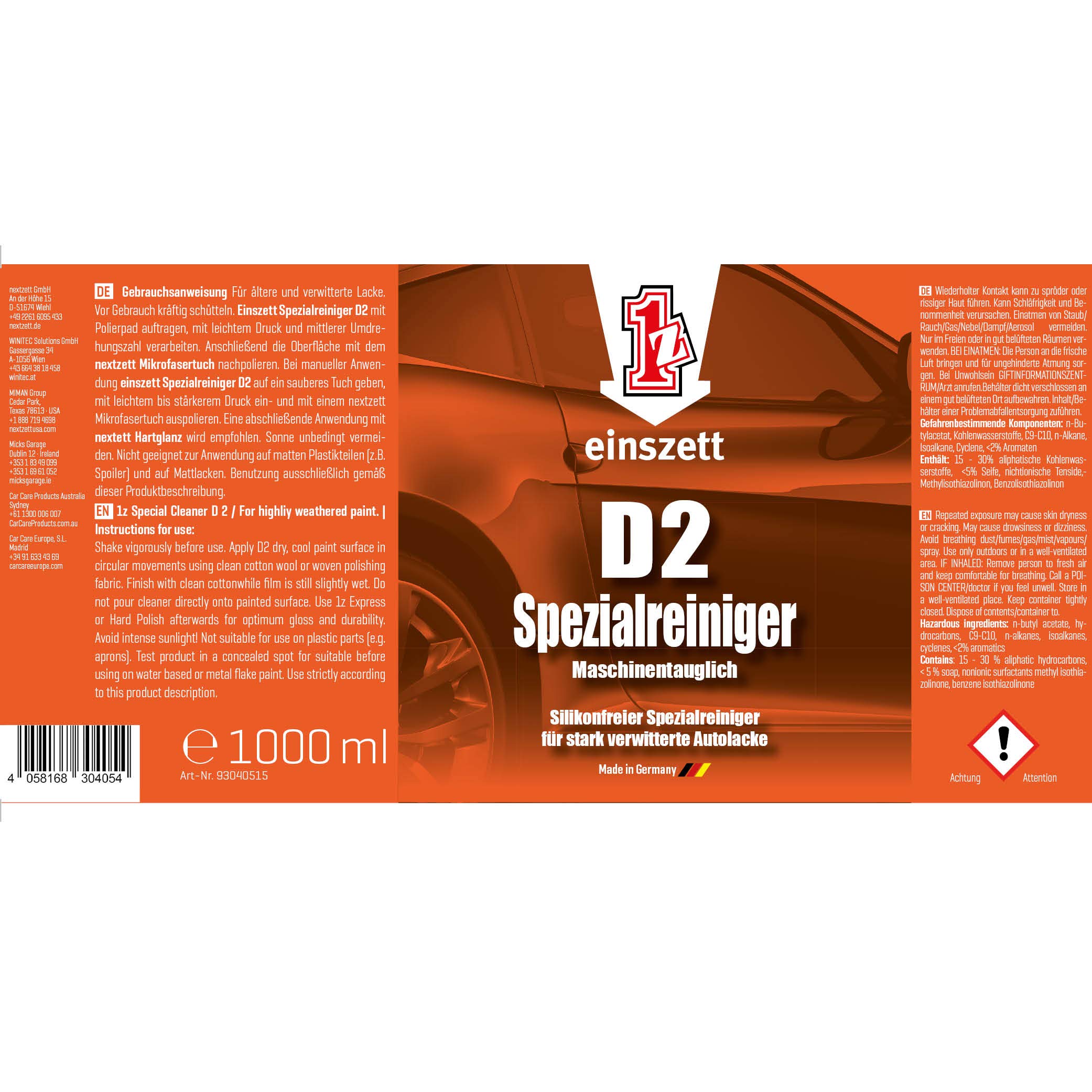 4x Einszett Spezialreiniger D2 / Politur/Lackreiniger stark 1000ml